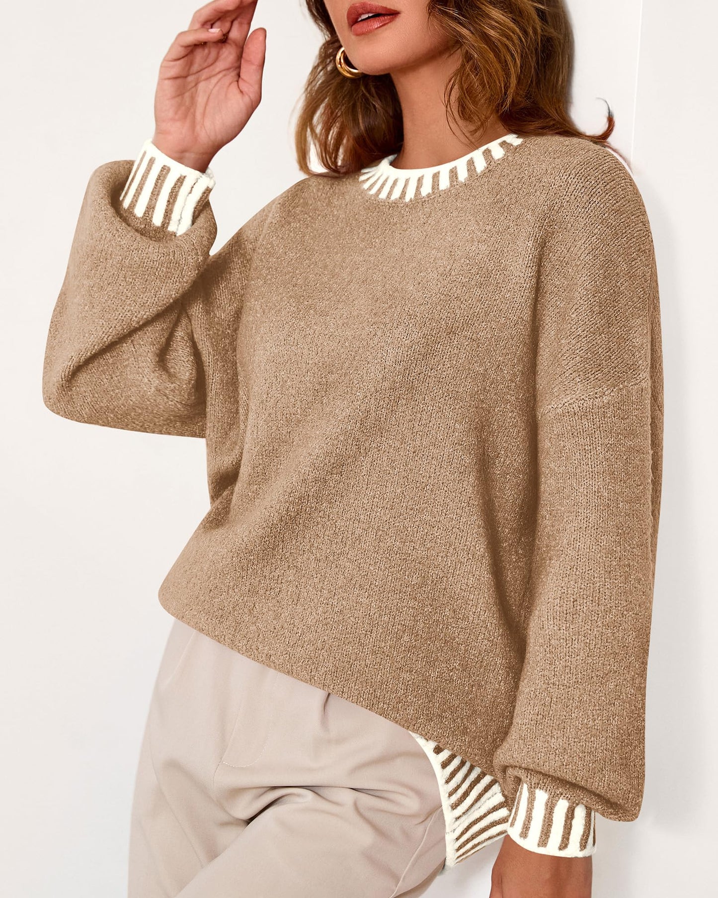 KIRUNDO Oversized Sweaters for Women 2026 Long Sleeve Crewneck Fall Tops Contrast Chunky Knit Pullover Winter Clothes