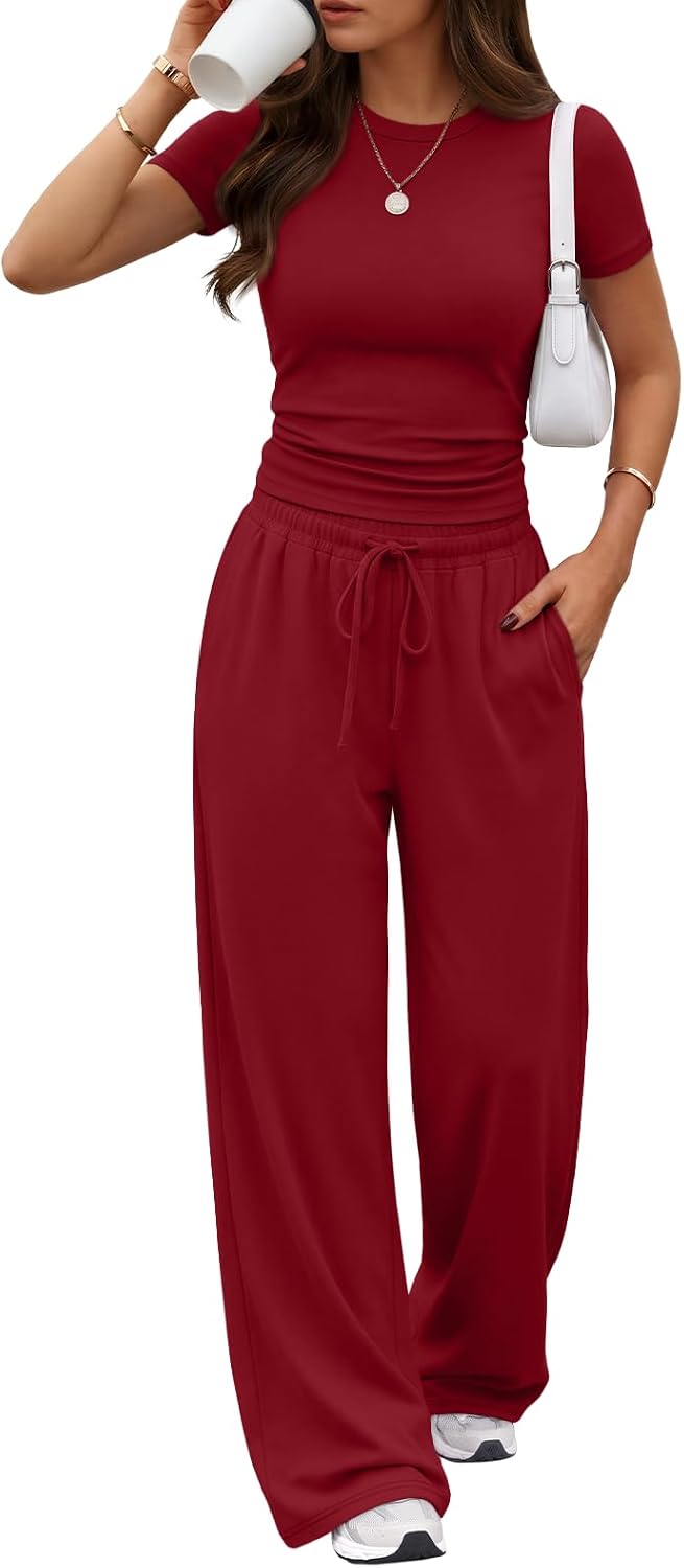 Trendy Queen 2 Piece Matching Summer Lounge Set Womens Side Ruching Top Wide Leg Pants Sets with Pockets