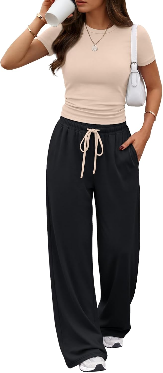 Trendy Queen 2 Piece Matching Summer Lounge Set Womens Side Ruching Top Wide Leg Pants Sets with Pockets