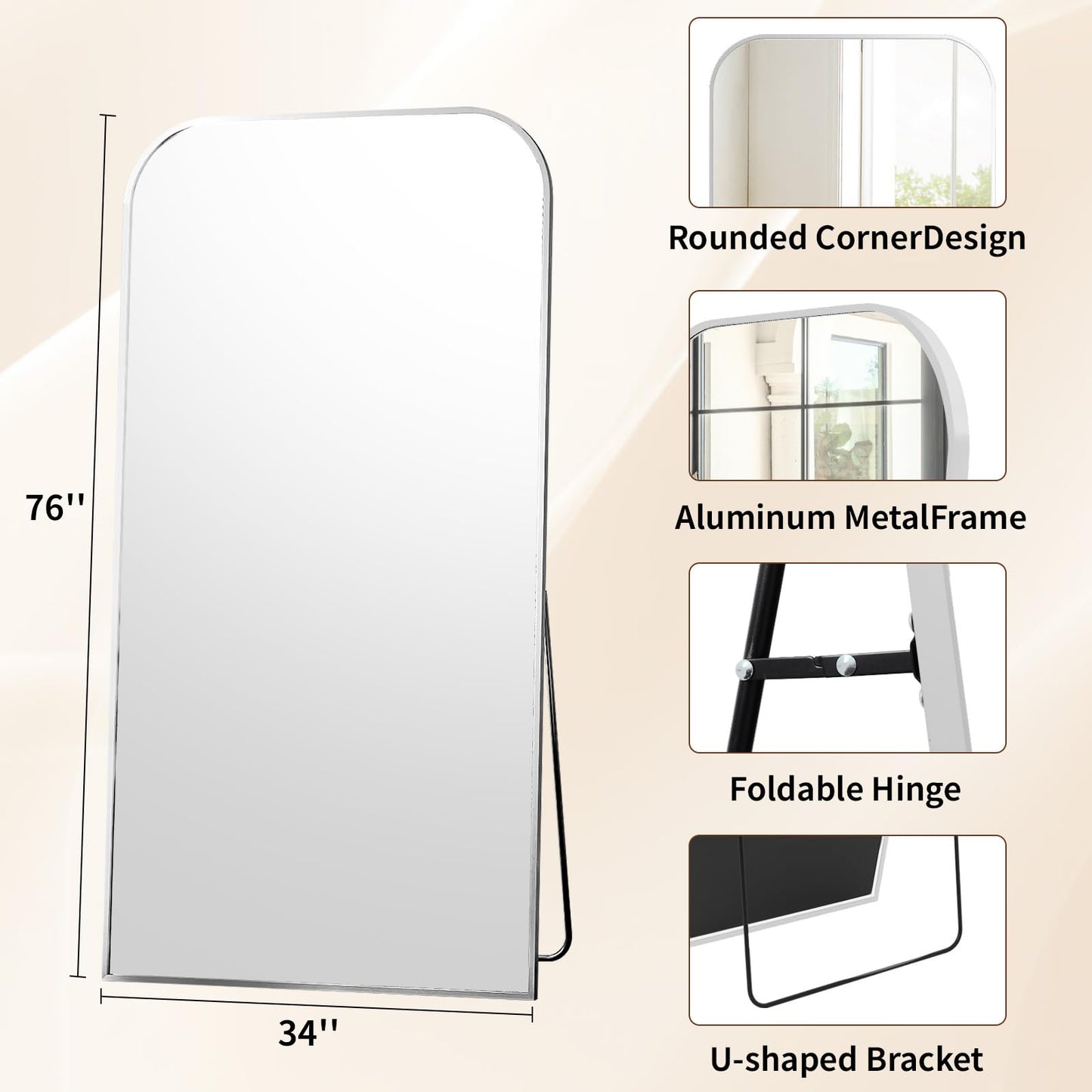 Full Length Mirror 65"x24" Arched Floor Standing Large Mirrors Full Body Mirror with Stand - with Aluminum Frame for Bedroom Living Room, Black
