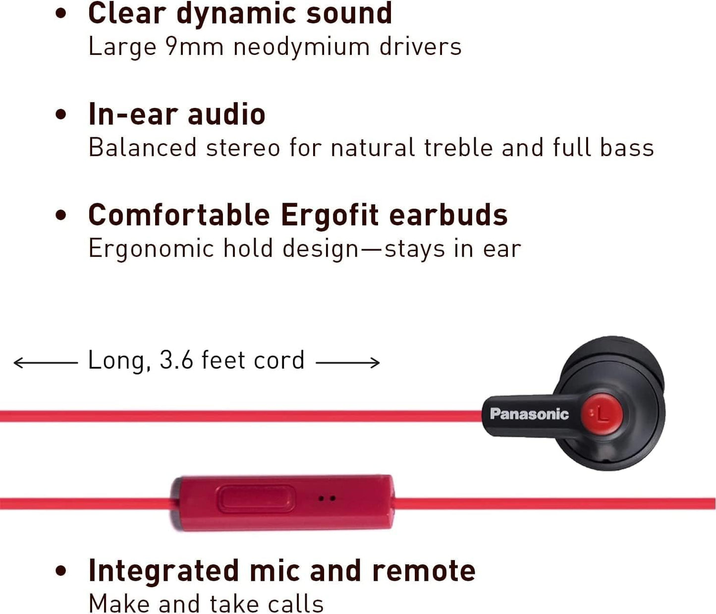 Panasonic ErgoFit Wired Earbuds, In-Ear Headphones with Dynamic Crystal-Clear Sound and Ergonomic Custom-Fit Earpieces (S/M/L), 3.5mm Jack for Phones and Laptops, No Mic - RP-HJE120-K (Black)
