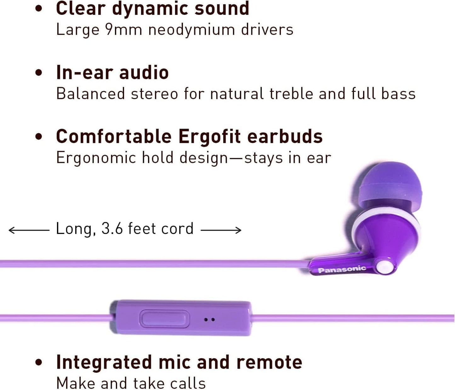 Panasonic ErgoFit Wired Earbuds, In-Ear Headphones with Dynamic Crystal-Clear Sound and Ergonomic Custom-Fit Earpieces (S/M/L), 3.5mm Jack for Phones and Laptops, No Mic - RP-HJE120-K (Black)