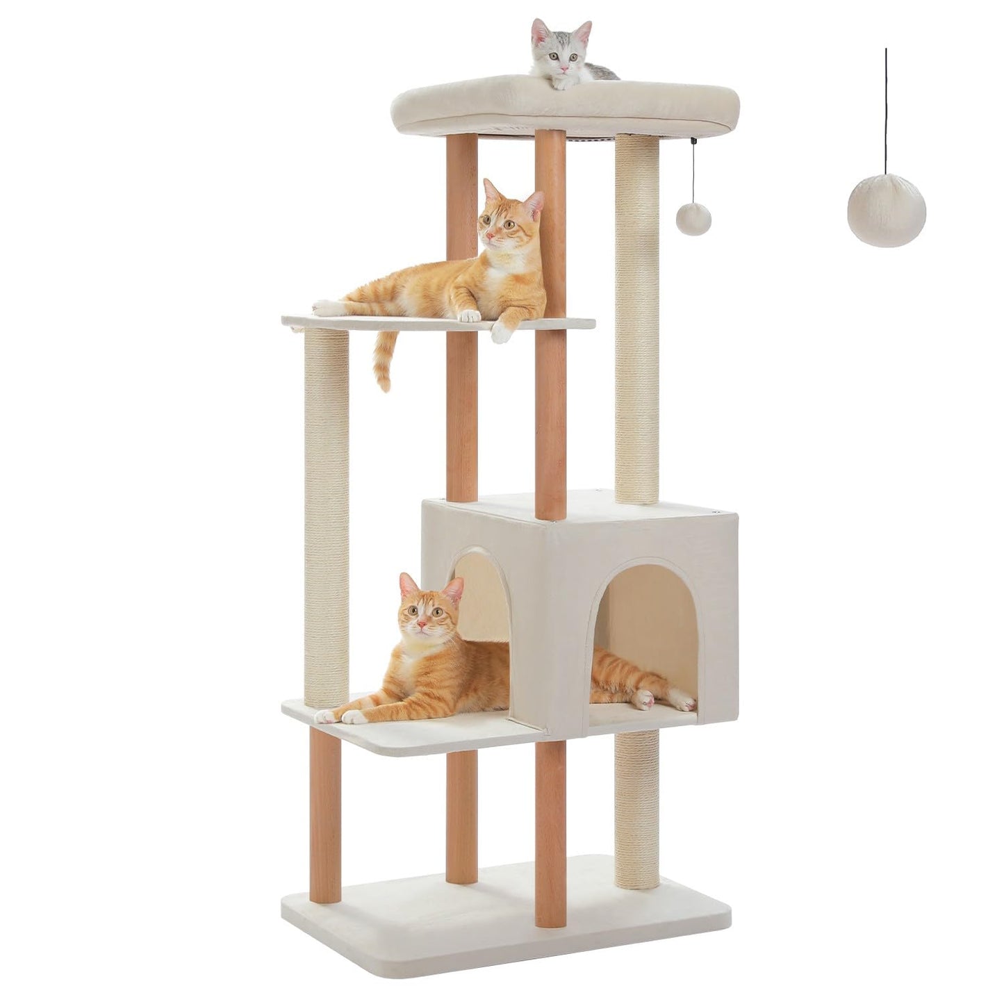 53" Modern Cat Tree for Large Cats, Wooden Cat Tower with Fully Sisal Covered Scratching Posts and Solid Wood Posts, Cat Furniture with Spacious Perch and Cozy Condo Beige