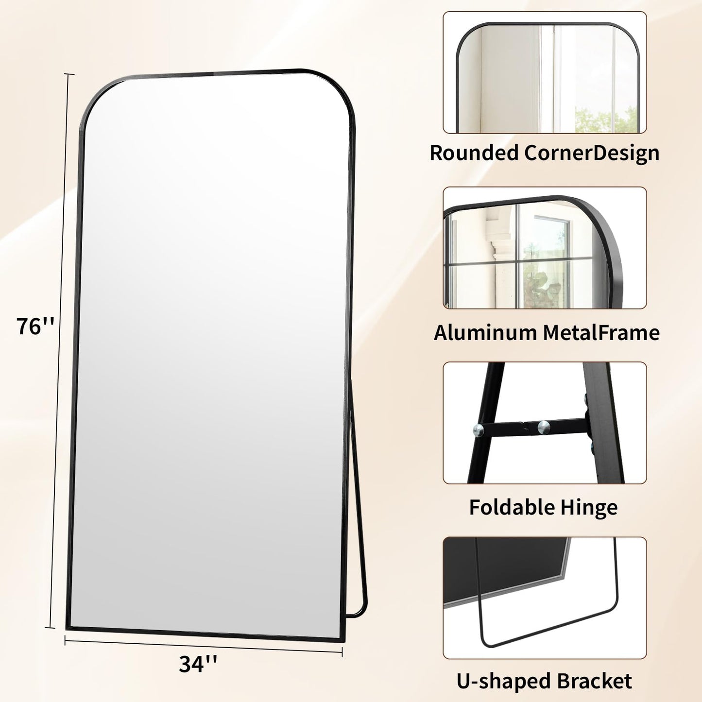 Full Length Mirror 65"x24" Arched Floor Standing Large Mirrors Full Body Mirror with Stand - with Aluminum Frame for Bedroom Living Room, Black