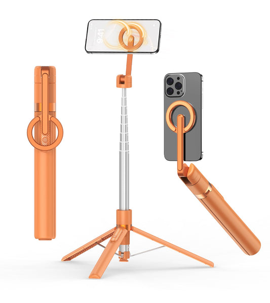 TONEOF 68" Magnetic Selfie Stick Tripod with Aluminum Strong Magnetic Holder for Magsafe, 360° Rotatable Travel Phone Tripod Stand with Metal Ring & Rechargeable Remote for iPhone/Android(Beige Gray)