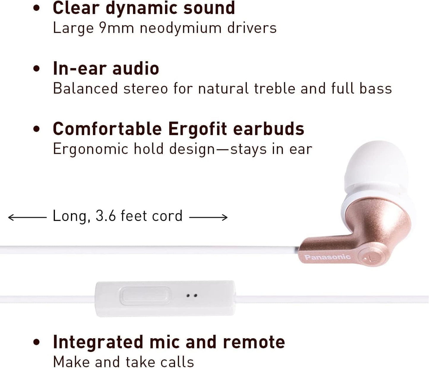 Panasonic ErgoFit Wired Earbuds, In-Ear Headphones with Dynamic Crystal-Clear Sound and Ergonomic Custom-Fit Earpieces (S/M/L), 3.5mm Jack for Phones and Laptops, No Mic - RP-HJE120-K (Black)