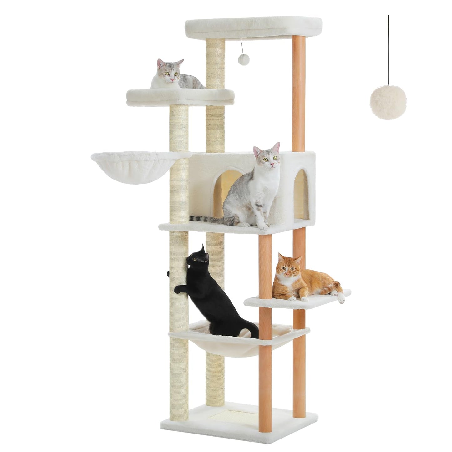 53" Modern Cat Tree for Large Cats, Wooden Cat Tower with Fully Sisal Covered Scratching Posts and Solid Wood Posts, Cat Furniture with Spacious Perch and Cozy Condo Beige
