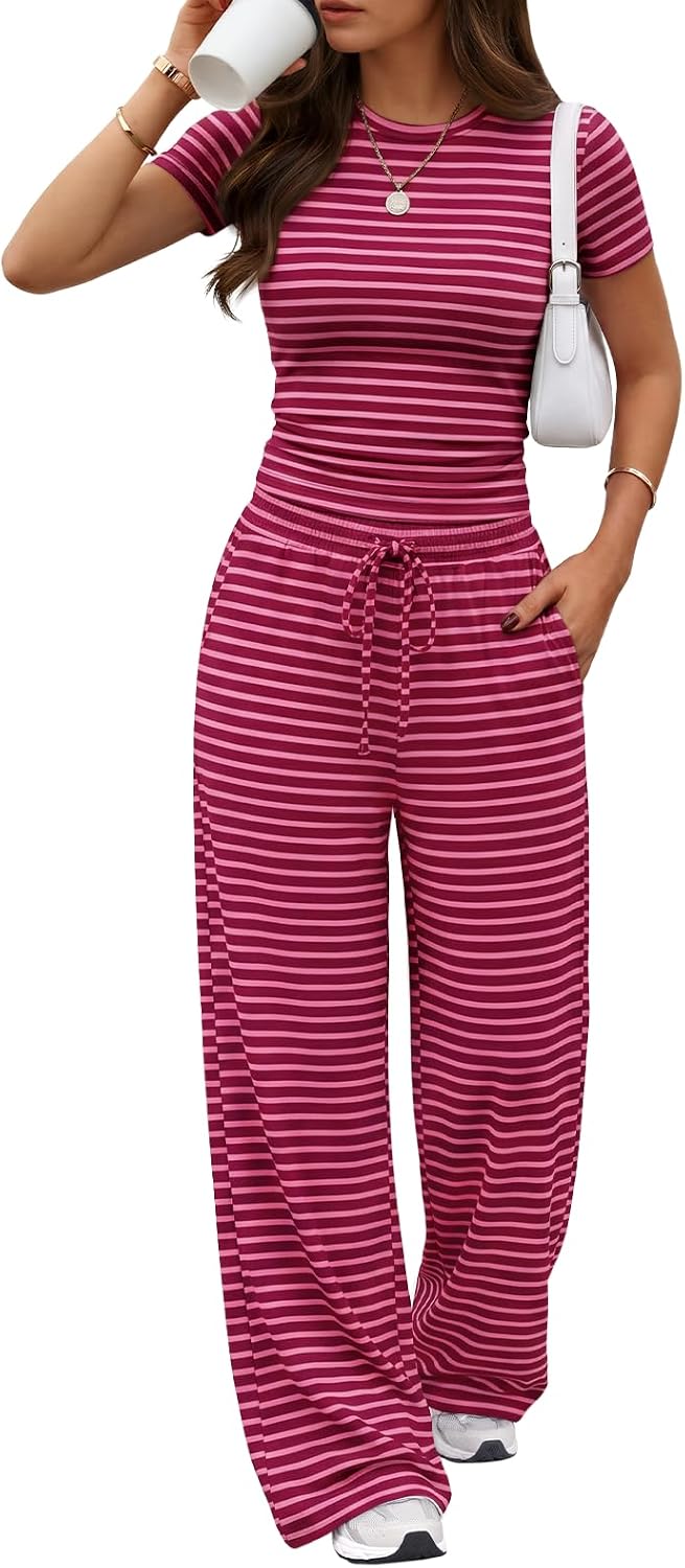 Trendy Queen 2 Piece Matching Summer Lounge Set Womens Side Ruching Top Wide Leg Pants Sets with Pockets
