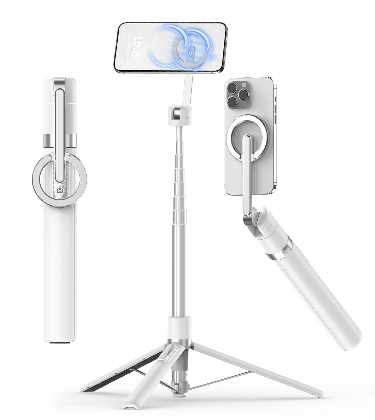 TONEOF 68" Magnetic Selfie Stick Tripod with Aluminum Strong Magnetic Holder for Magsafe, 360° Rotatable Travel Phone Tripod Stand with Metal Ring & Rechargeable Remote for iPhone/Android(Beige Gray)
