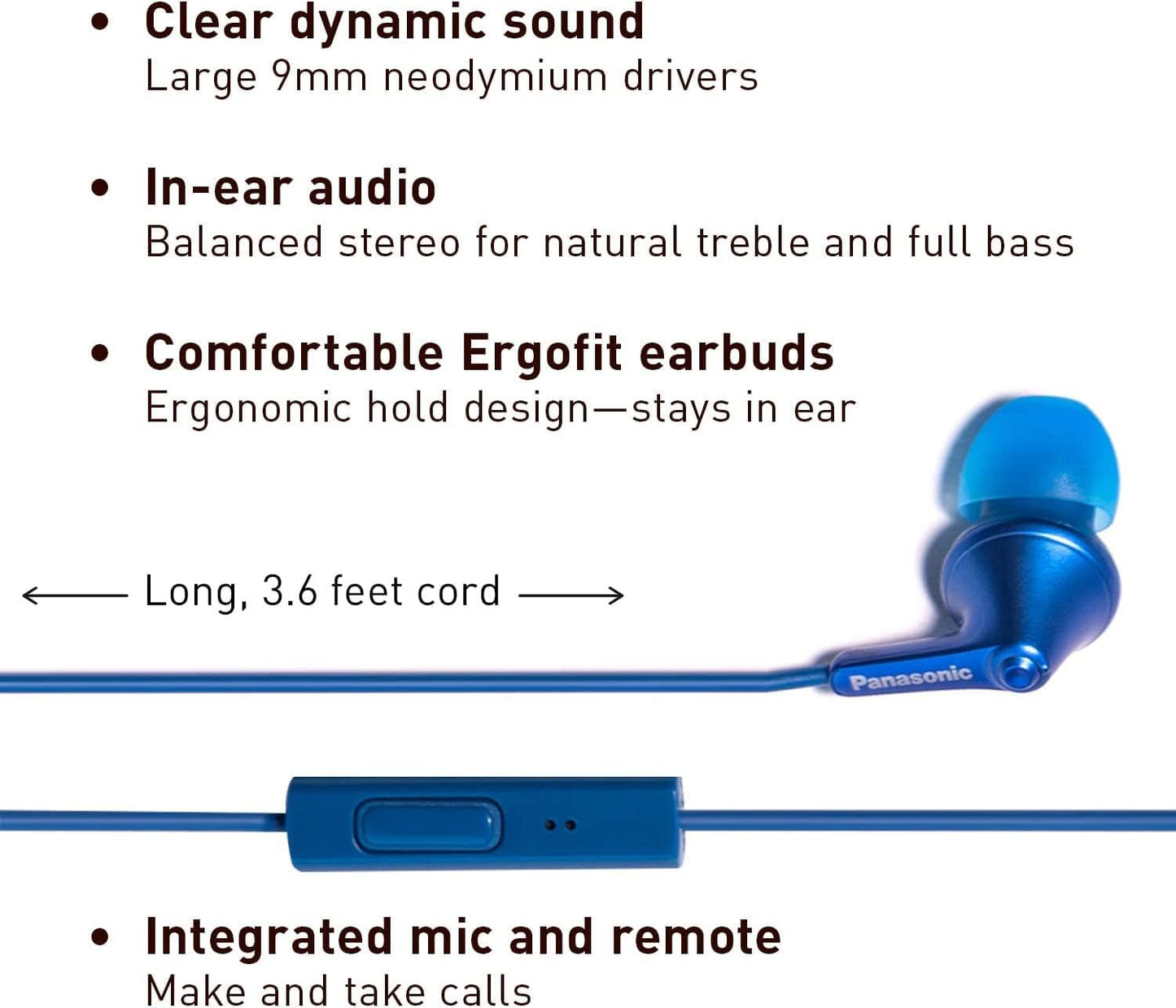 Panasonic ErgoFit Wired Earbuds, In-Ear Headphones with Dynamic Crystal-Clear Sound and Ergonomic Custom-Fit Earpieces (S/M/L), 3.5mm Jack for Phones and Laptops, No Mic - RP-HJE120-K (Black)
