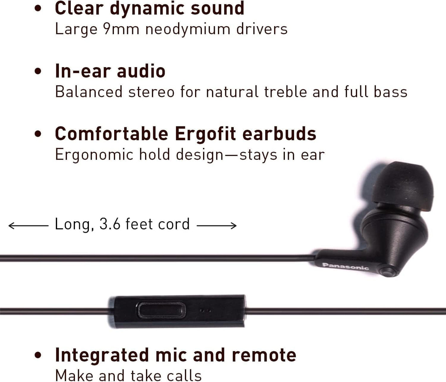 Panasonic ErgoFit Wired Earbuds, In-Ear Headphones with Dynamic Crystal-Clear Sound and Ergonomic Custom-Fit Earpieces (S/M/L), 3.5mm Jack for Phones and Laptops, No Mic - RP-HJE120-K (Black)
