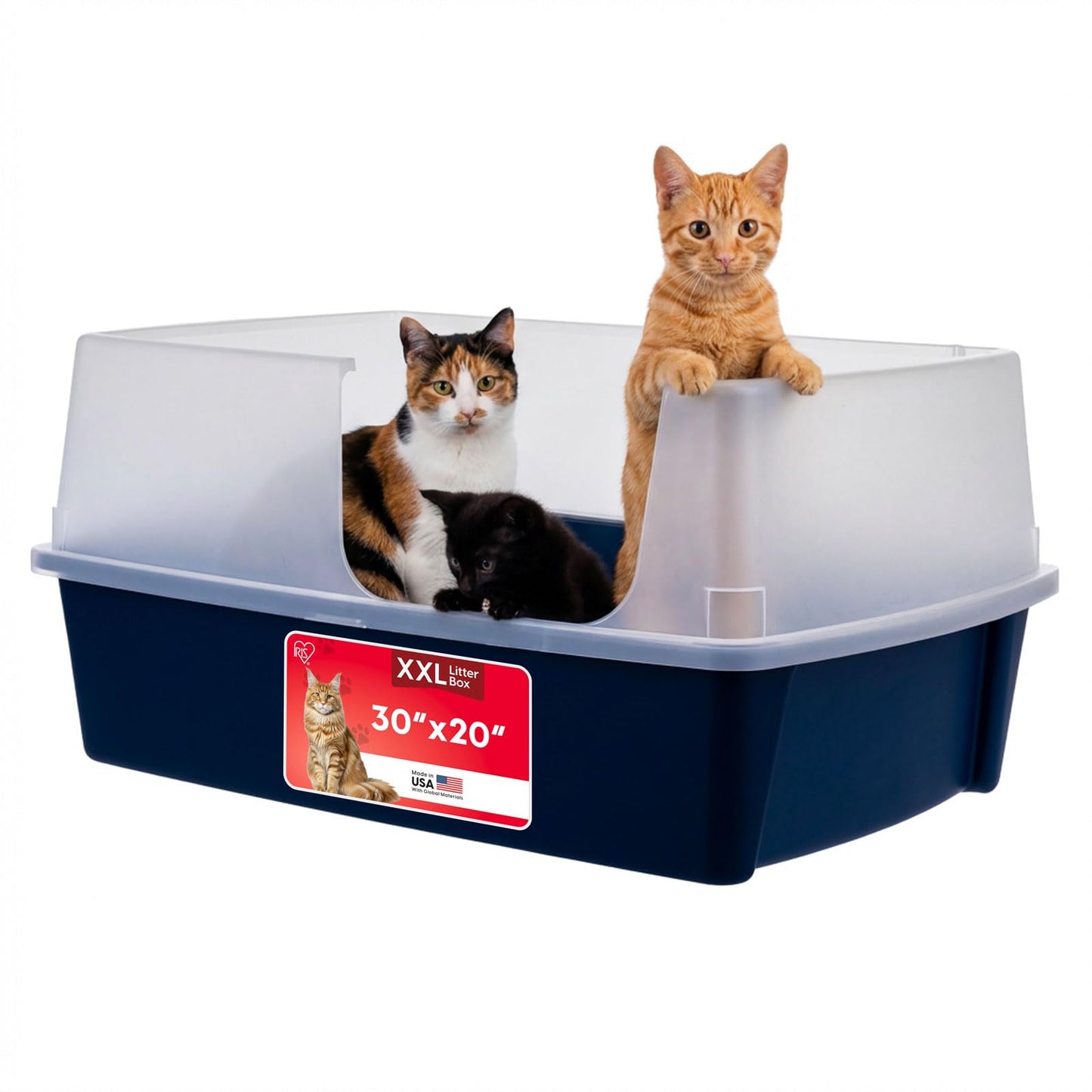 IRIS USA Extra Large Litter Box XXL Open Top High Sided Walls Scatter Shield Scoop Included Easy Clean Plastic Pan for Big Cats Multi-Cat Households 30" L x 20" W x 14" H Black