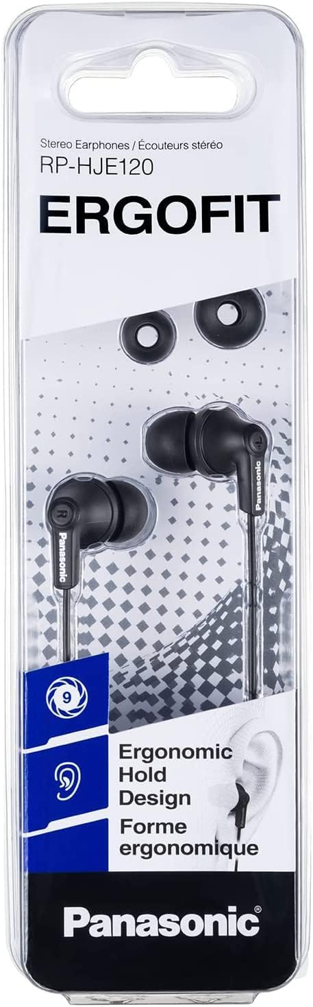 Panasonic ErgoFit Wired Earbuds, In-Ear Headphones with Dynamic Crystal-Clear Sound and Ergonomic Custom-Fit Earpieces (S/M/L), 3.5mm Jack for Phones and Laptops, No Mic - RP-HJE120-K (Black)