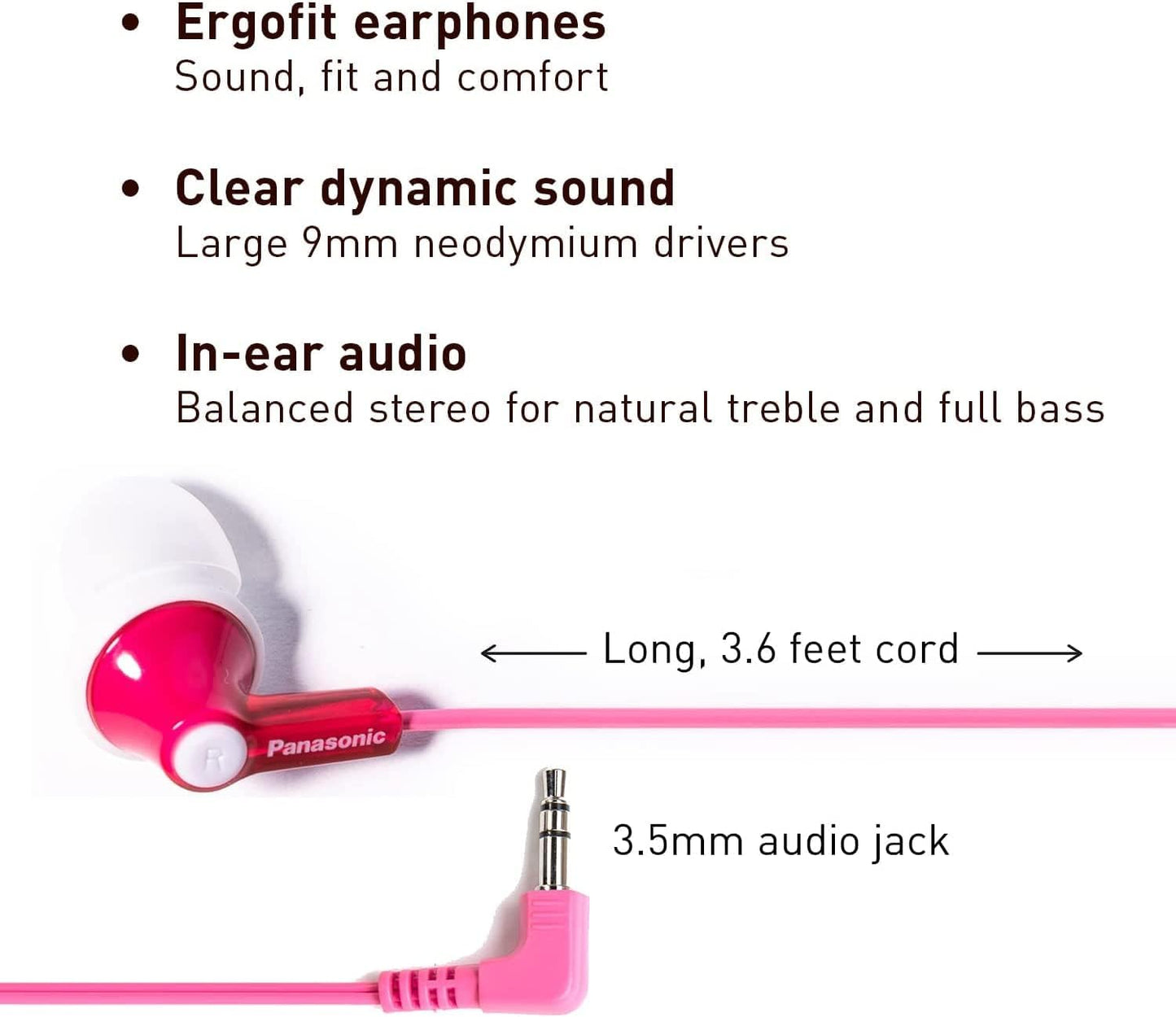 Panasonic ErgoFit Wired Earbuds, In-Ear Headphones with Dynamic Crystal-Clear Sound and Ergonomic Custom-Fit Earpieces (S/M/L), 3.5mm Jack for Phones and Laptops, No Mic - RP-HJE120-K (Black)
