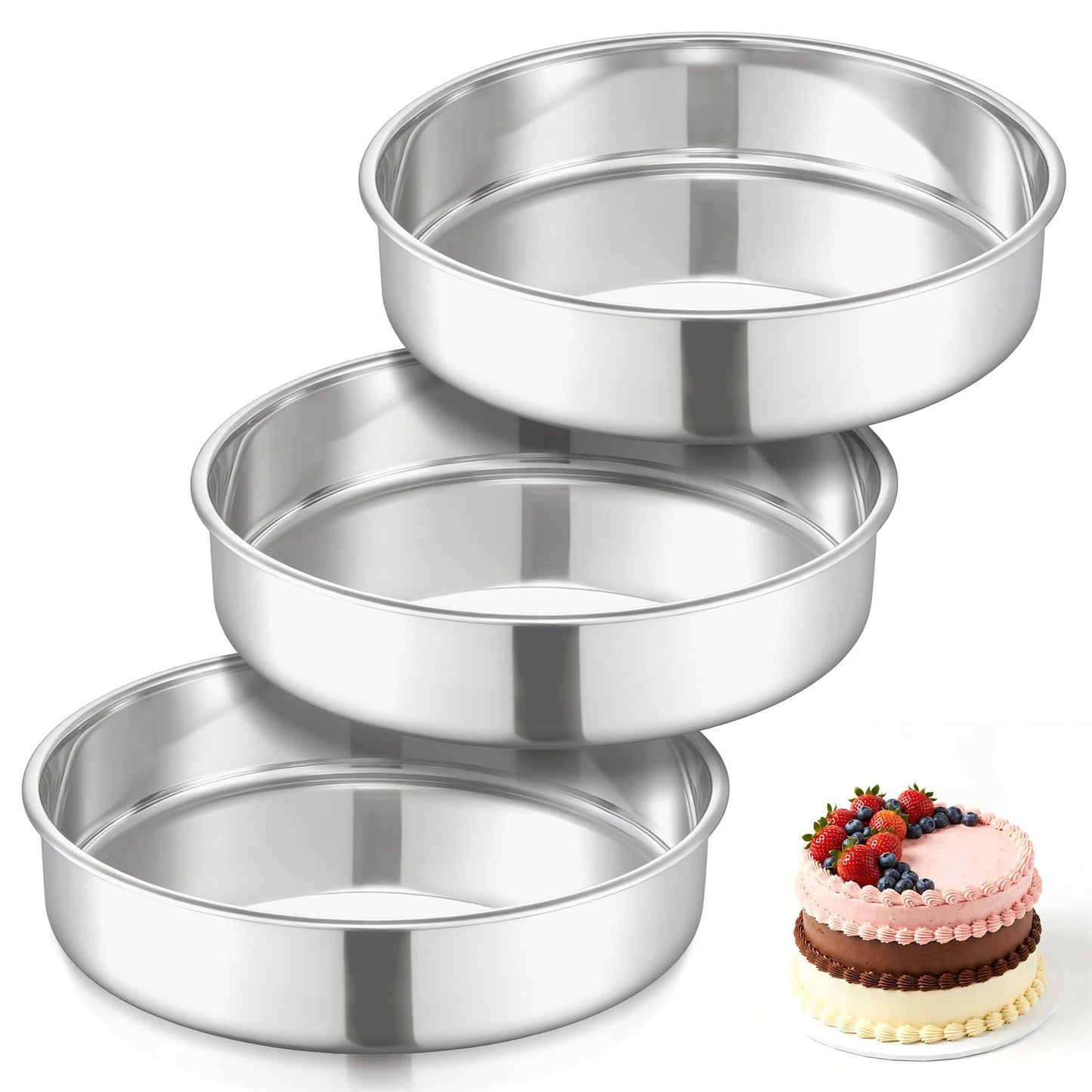 E-far 8 Inch Cake Pan Set of 3, Stainless Steel Round Layer Cake Baking Pans, Non-Toxic & Healthy, Mirror Finish & Dishwasher Safe