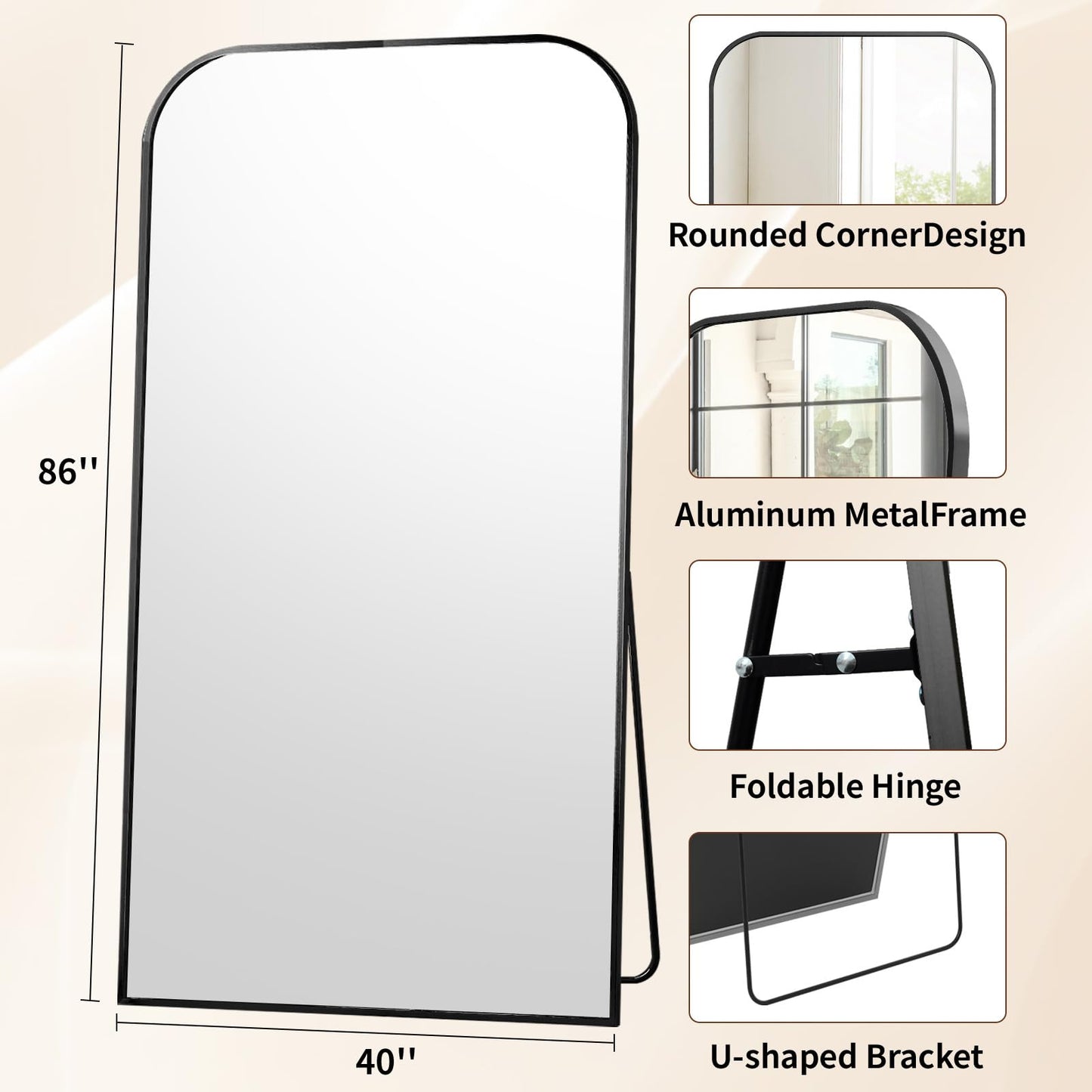 Full Length Mirror 65"x24" Arched Floor Standing Large Mirrors Full Body Mirror with Stand - with Aluminum Frame for Bedroom Living Room, Black