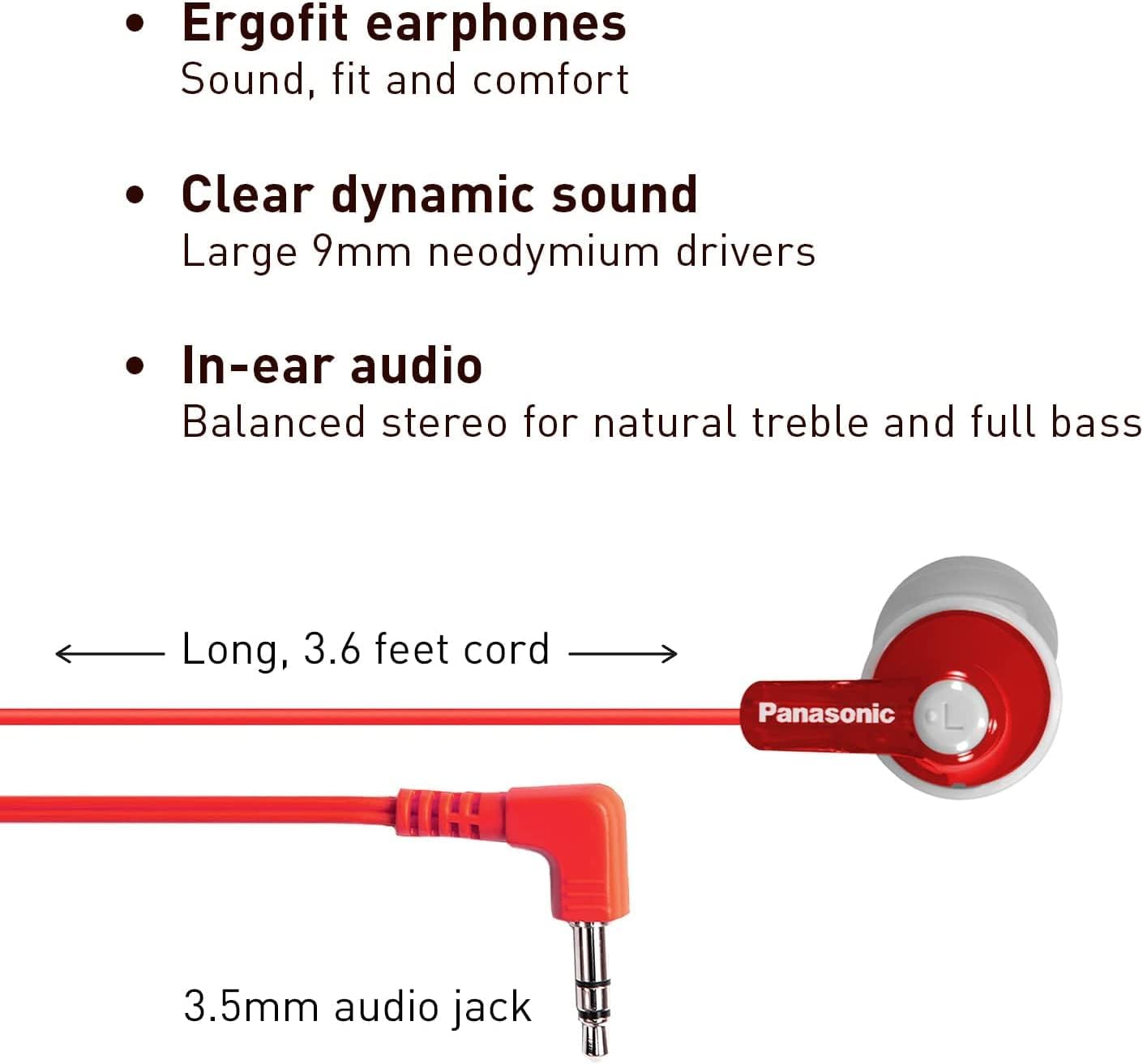 Panasonic ErgoFit Wired Earbuds, In-Ear Headphones with Dynamic Crystal-Clear Sound and Ergonomic Custom-Fit Earpieces (S/M/L), 3.5mm Jack for Phones and Laptops, No Mic - RP-HJE120-K (Black)