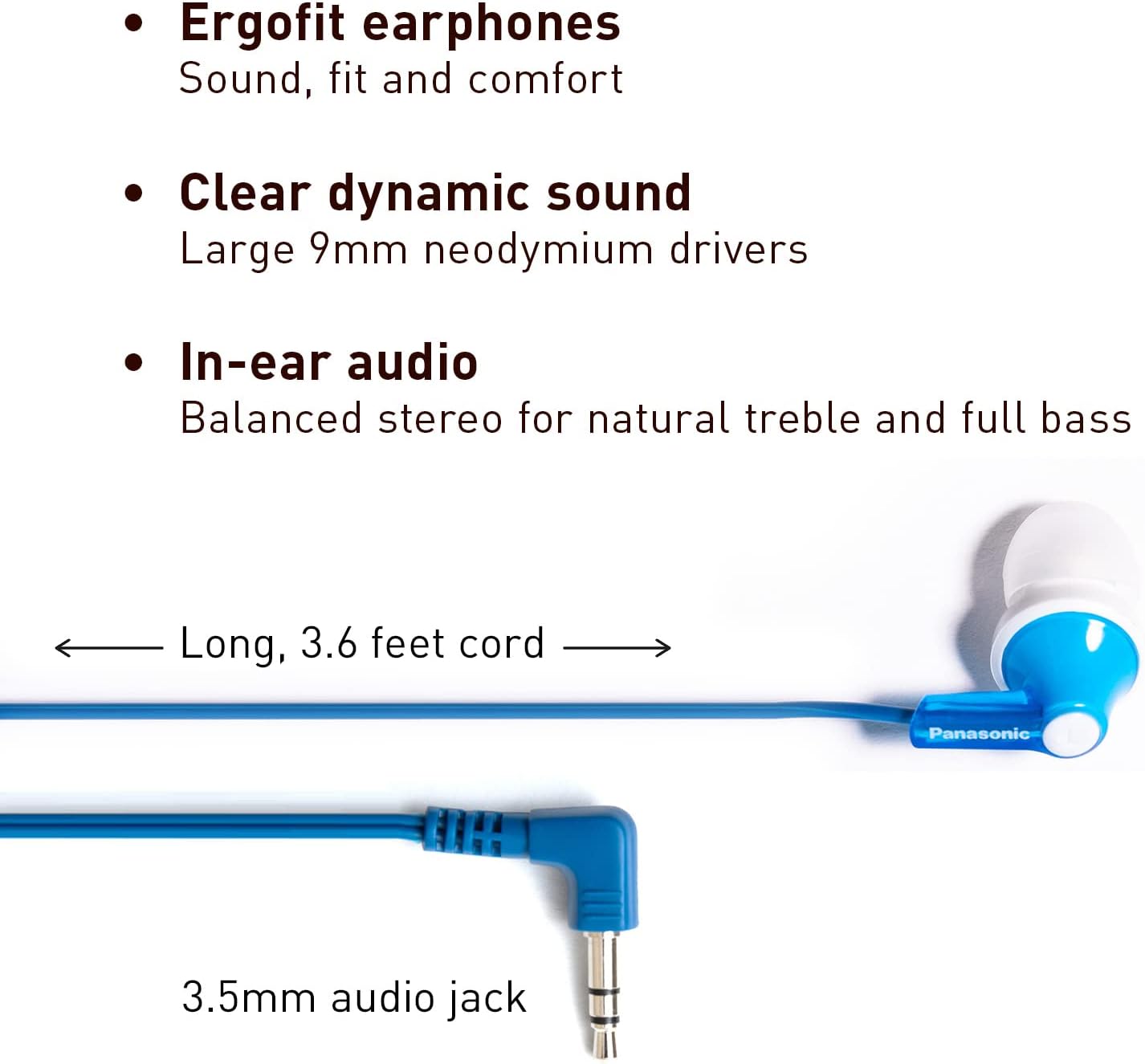 Panasonic ErgoFit Wired Earbuds, In-Ear Headphones with Dynamic Crystal-Clear Sound and Ergonomic Custom-Fit Earpieces (S/M/L), 3.5mm Jack for Phones and Laptops, No Mic - RP-HJE120-K (Black)