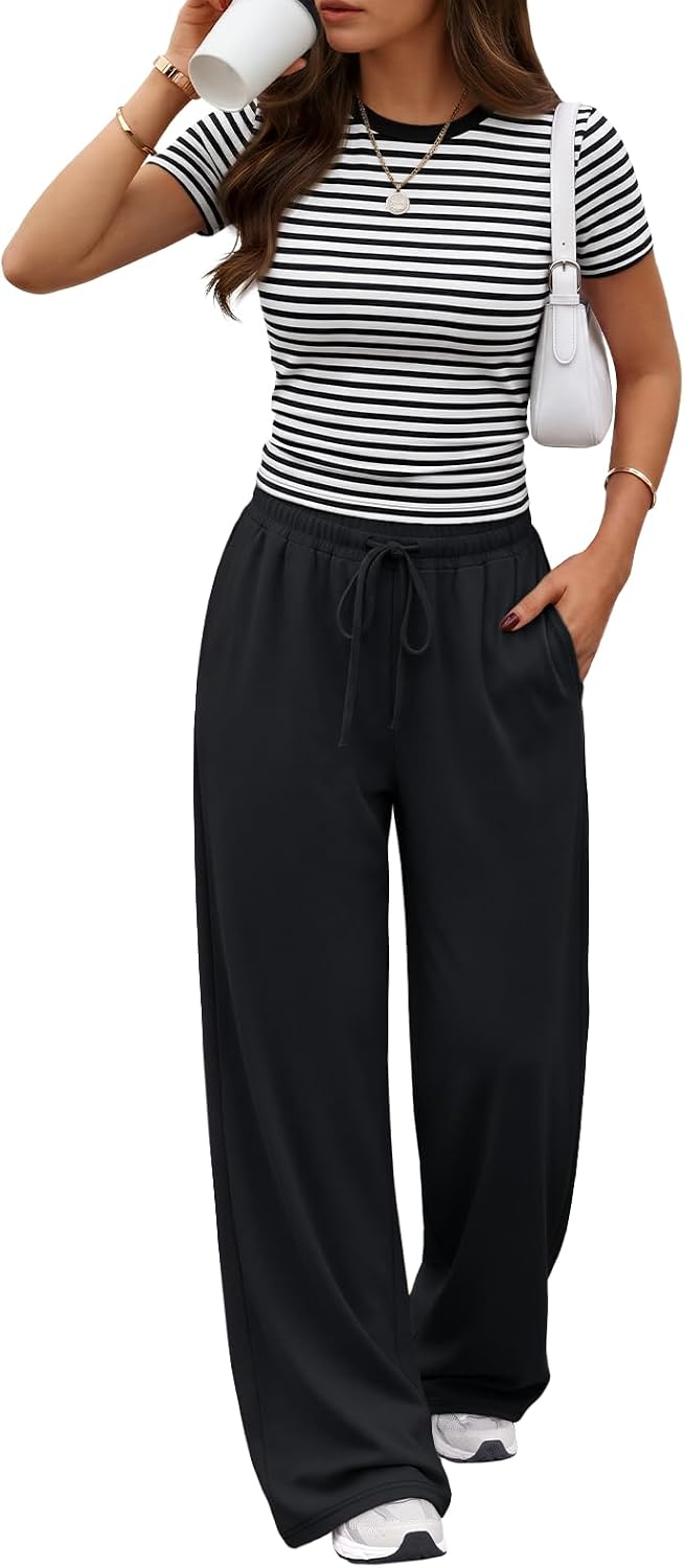 Trendy Queen 2 Piece Matching Summer Lounge Set Womens Side Ruching Top Wide Leg Pants Sets with Pockets