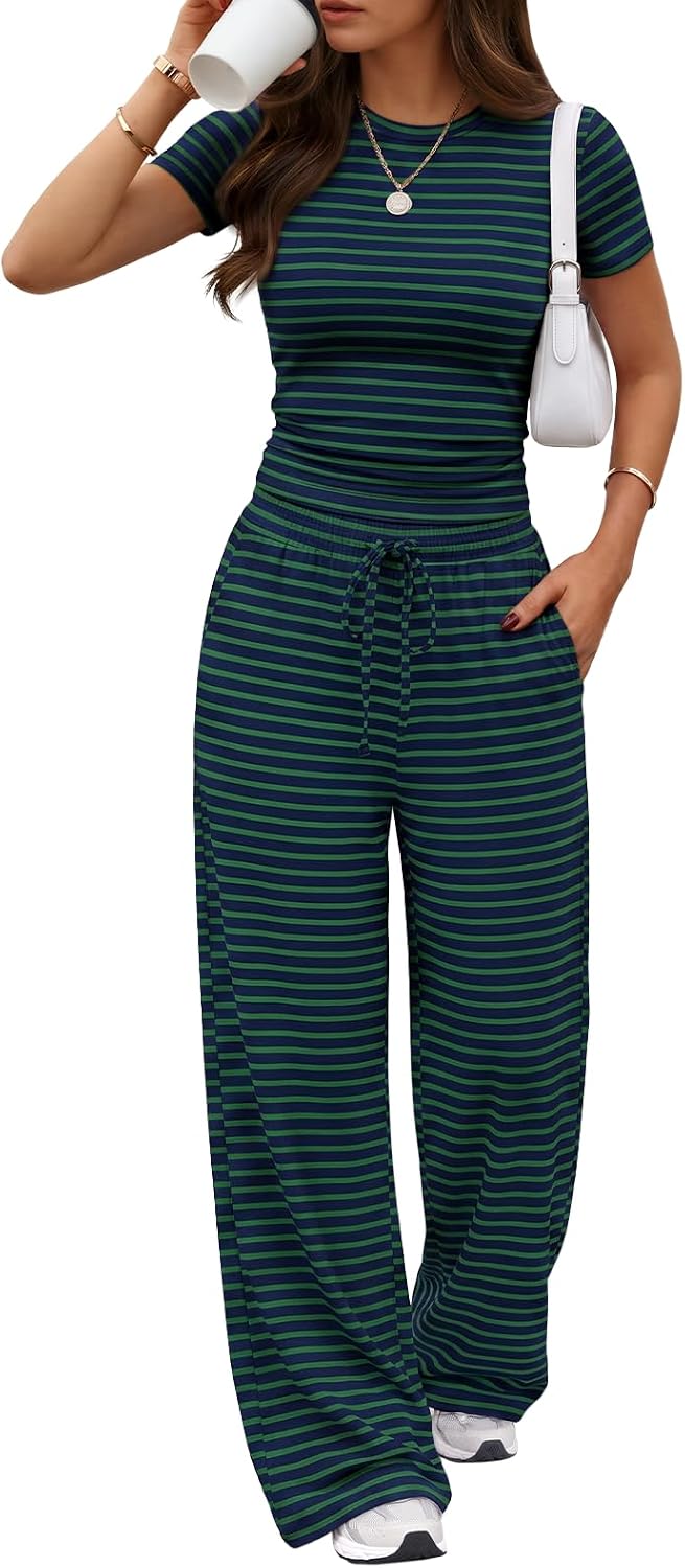 Trendy Queen 2 Piece Matching Summer Lounge Set Womens Side Ruching Top Wide Leg Pants Sets with Pockets