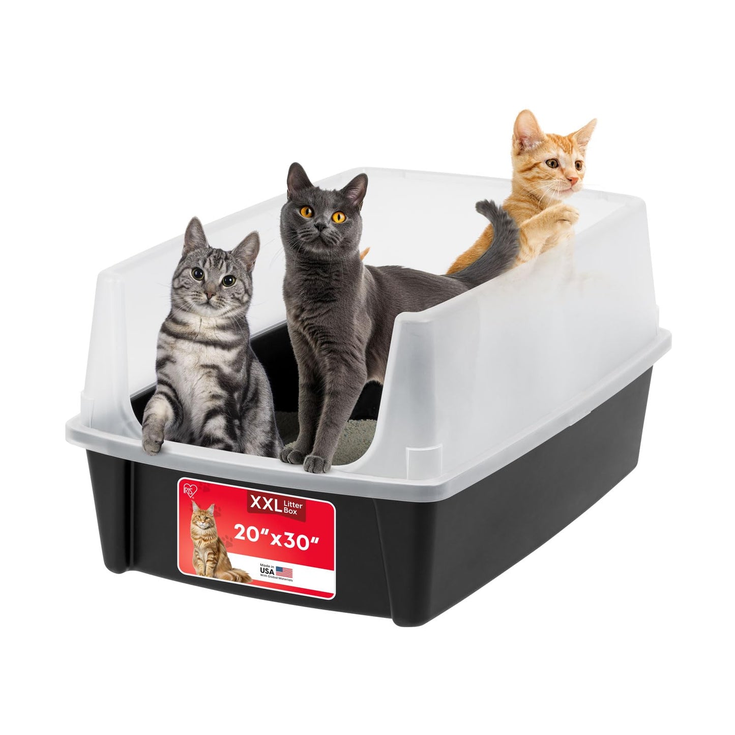 IRIS USA Extra Large Litter Box XXL Open Top High Sided Walls Scatter Shield Scoop Included Easy Clean Plastic Pan for Big Cats Multi-Cat Households 30" L x 20" W x 14" H Black