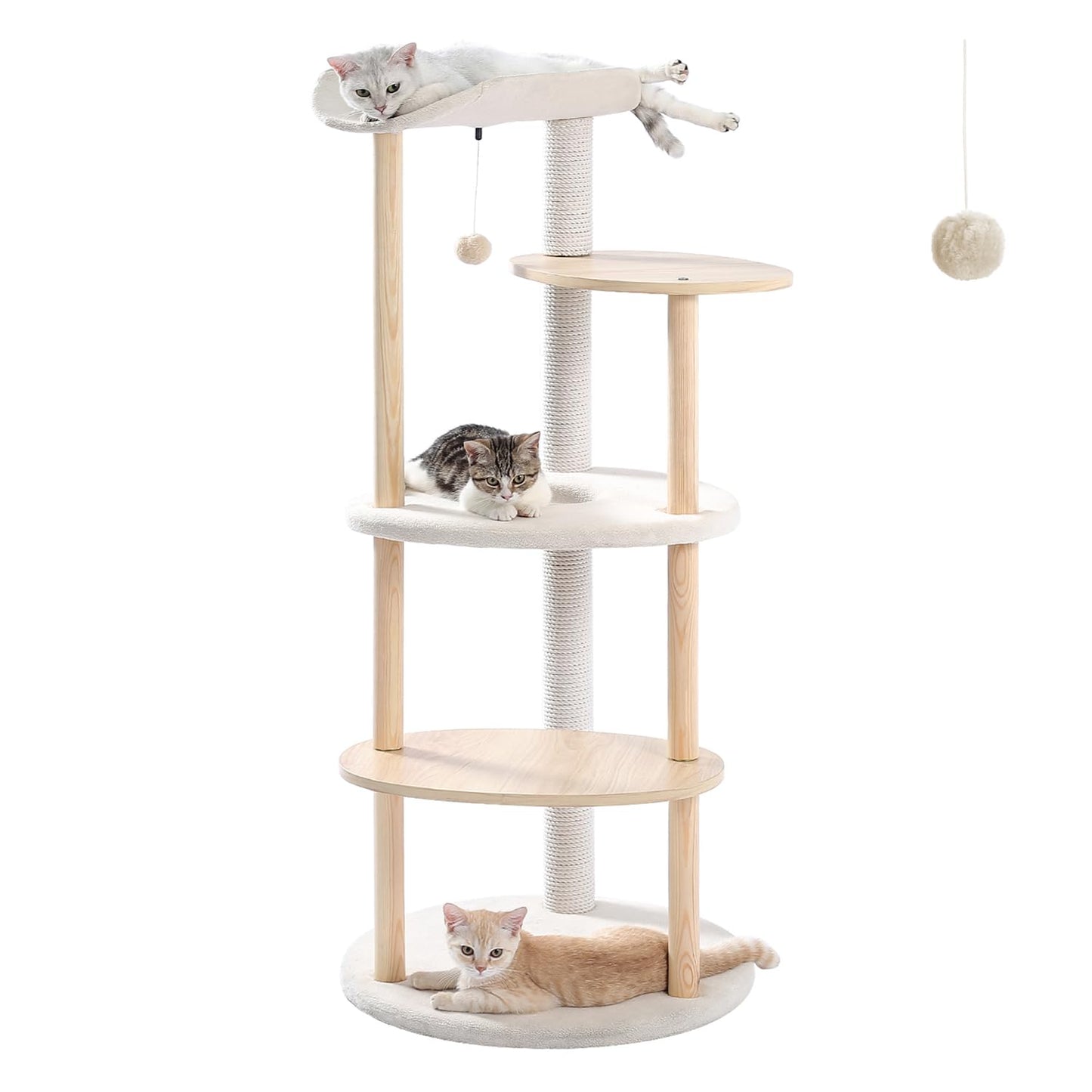53" Modern Cat Tree for Large Cats, Wooden Cat Tower with Fully Sisal Covered Scratching Posts and Solid Wood Posts, Cat Furniture with Spacious Perch and Cozy Condo Beige