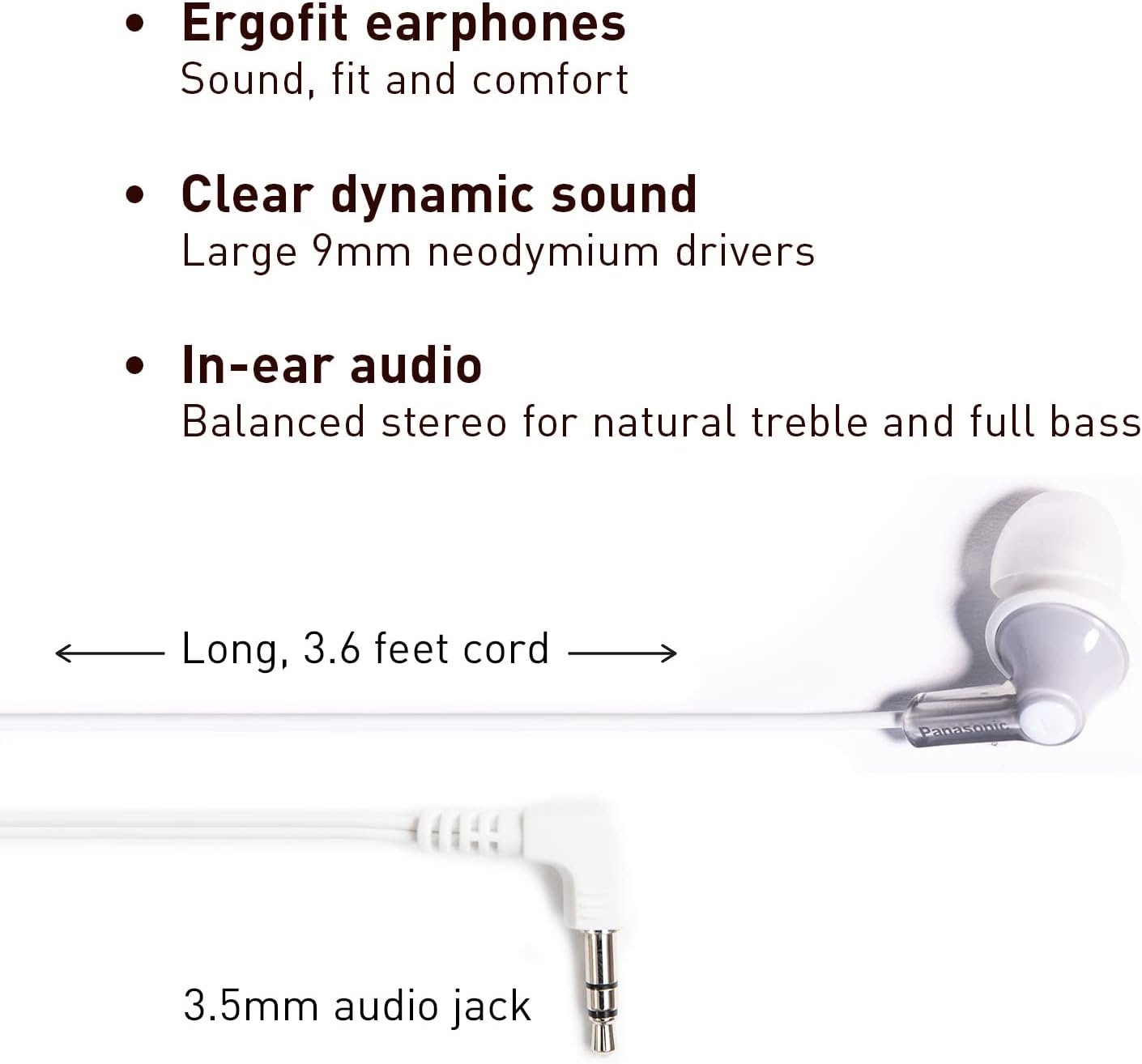 Panasonic ErgoFit Wired Earbuds, In-Ear Headphones with Dynamic Crystal-Clear Sound and Ergonomic Custom-Fit Earpieces (S/M/L), 3.5mm Jack for Phones and Laptops, No Mic - RP-HJE120-K (Black)