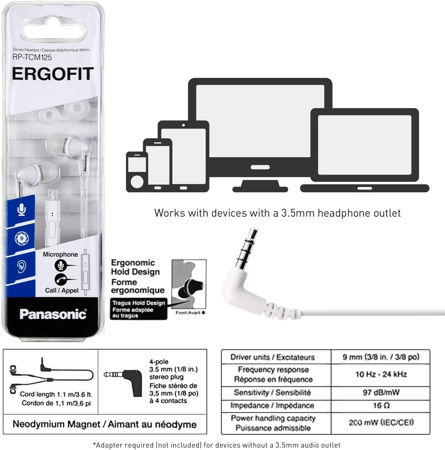 Panasonic ErgoFit Wired Earbuds, In-Ear Headphones with Dynamic Crystal-Clear Sound and Ergonomic Custom-Fit Earpieces (S/M/L), 3.5mm Jack for Phones and Laptops, No Mic - RP-HJE120-K (Black)
