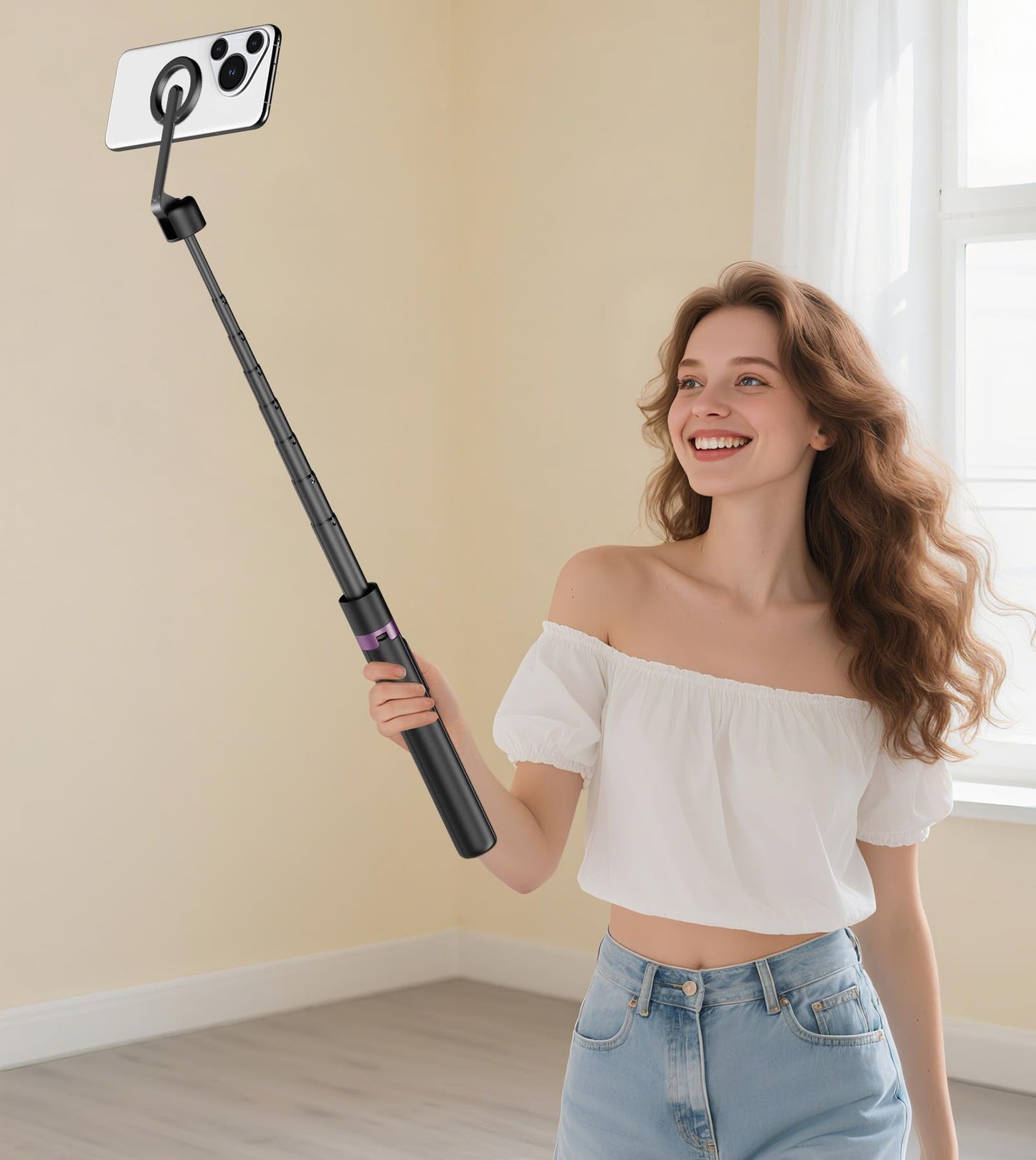 TONEOF 68" Magnetic Selfie Stick Tripod with Aluminum Strong Magnetic Holder for Magsafe, 360° Rotatable Travel Phone Tripod Stand with Metal Ring & Rechargeable Remote for iPhone/Android(Beige Gray)