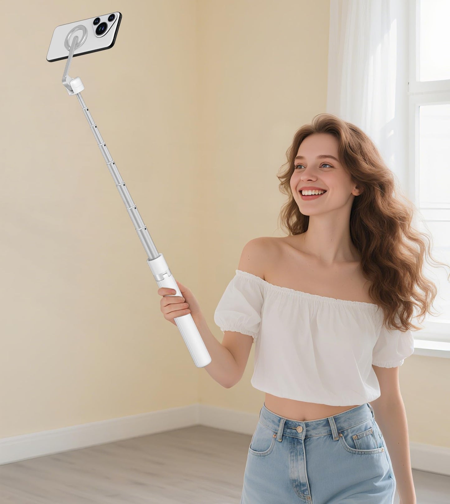 TONEOF 68" Magnetic Selfie Stick Tripod with Aluminum Strong Magnetic Holder for Magsafe, 360° Rotatable Travel Phone Tripod Stand with Metal Ring & Rechargeable Remote for iPhone/Android(Beige Gray)