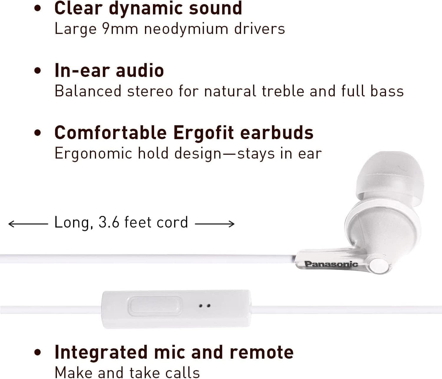 Panasonic ErgoFit Wired Earbuds, In-Ear Headphones with Dynamic Crystal-Clear Sound and Ergonomic Custom-Fit Earpieces (S/M/L), 3.5mm Jack for Phones and Laptops, No Mic - RP-HJE120-K (Black)