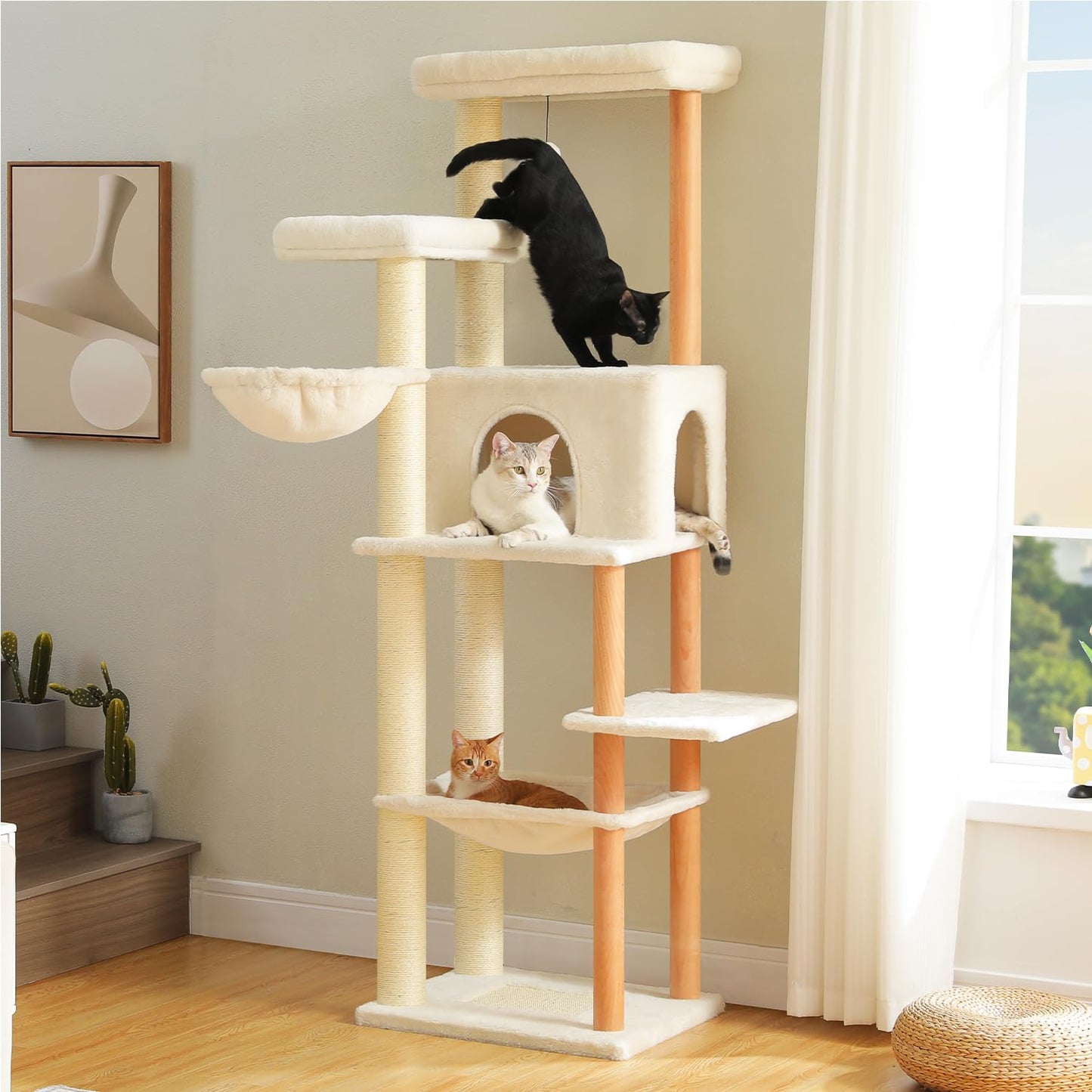 53" Modern Cat Tree for Large Cats, Wooden Cat Tower with Fully Sisal Covered Scratching Posts and Solid Wood Posts, Cat Furniture with Spacious Perch and Cozy Condo Beige