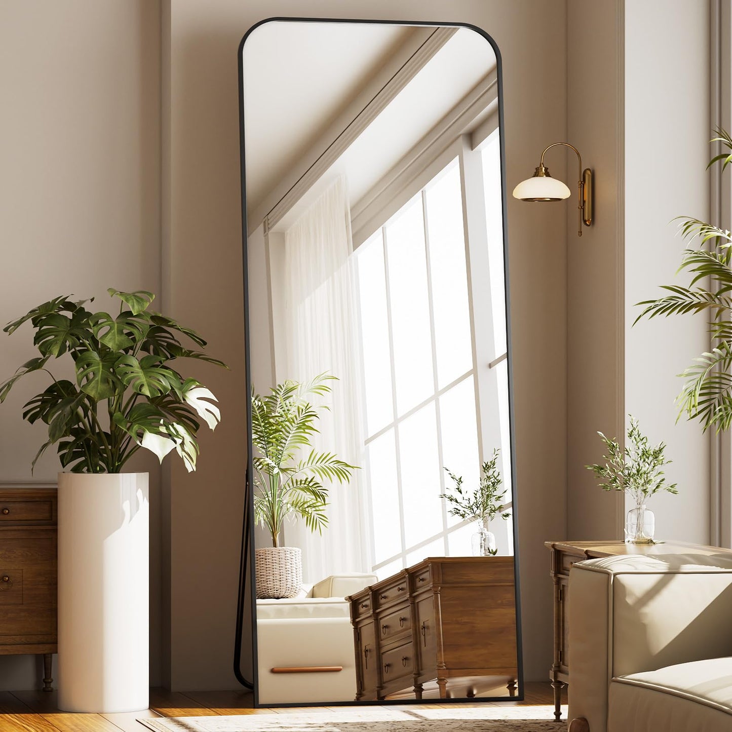 Full Length Mirror 65"x24" Arched Floor Standing Large Mirrors Full Body Mirror with Stand - with Aluminum Frame for Bedroom Living Room, Black