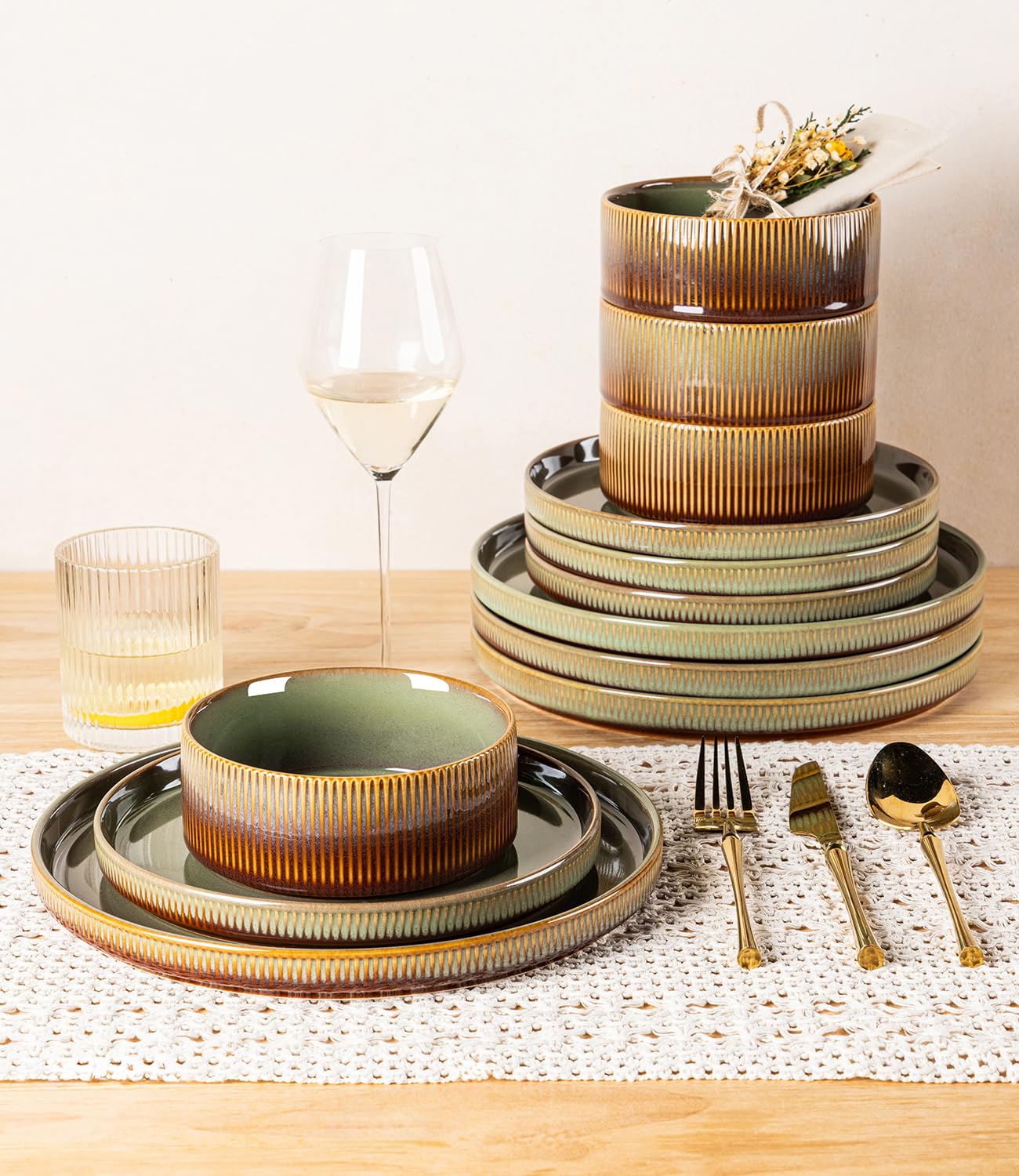 TheTerra Ceramic Dinnerware Sets for 4, 12 Pieces Porcelain Lightweight Plates and Bowls Sets, Scratch Resistant Dish Set, Oven & Microwave & Dishwasher Safe, Beige