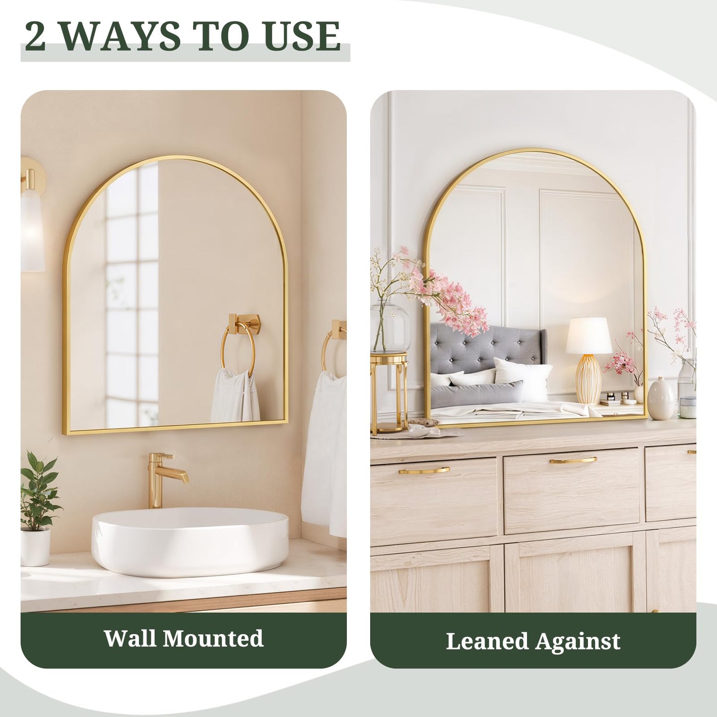 Arched Wall Mirror 36x24 Inch Gold Bathroom Vanity Mirror with Metal Frame, Modern Arch Mirror for Bedroom, Living Room, Entryway, Wall Mounted Decorative Mirror