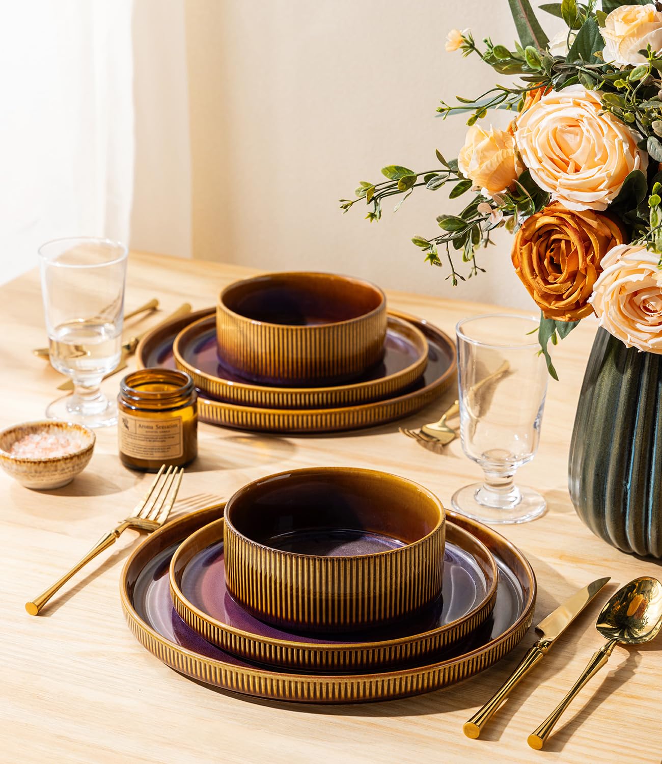 TheTerra Ceramic Dinnerware Sets for 4, 12 Pieces Porcelain Lightweight Plates and Bowls Sets, Scratch Resistant Dish Set, Oven & Microwave & Dishwasher Safe, Beige