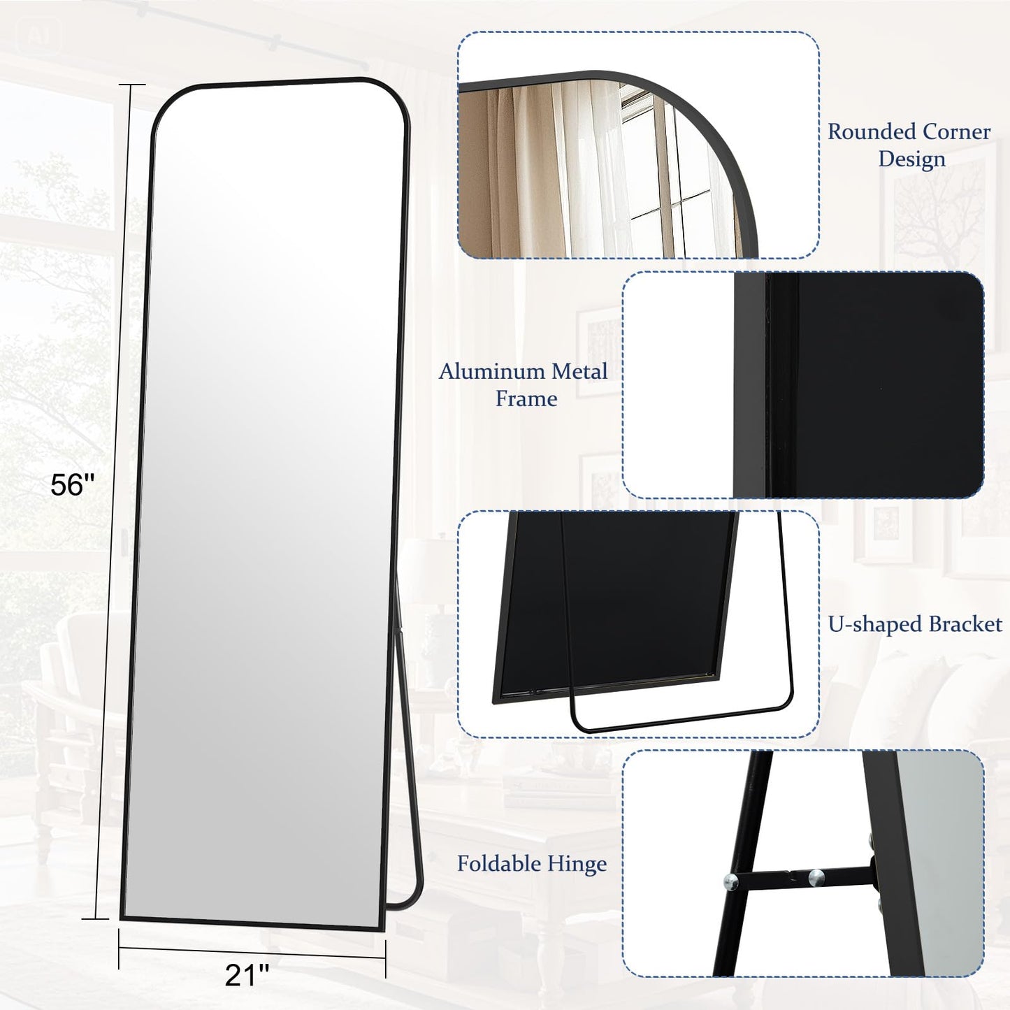 Full Length Mirror 65"x24" Arched Floor Standing Large Mirrors Full Body Mirror with Stand - with Aluminum Frame for Bedroom Living Room, Black