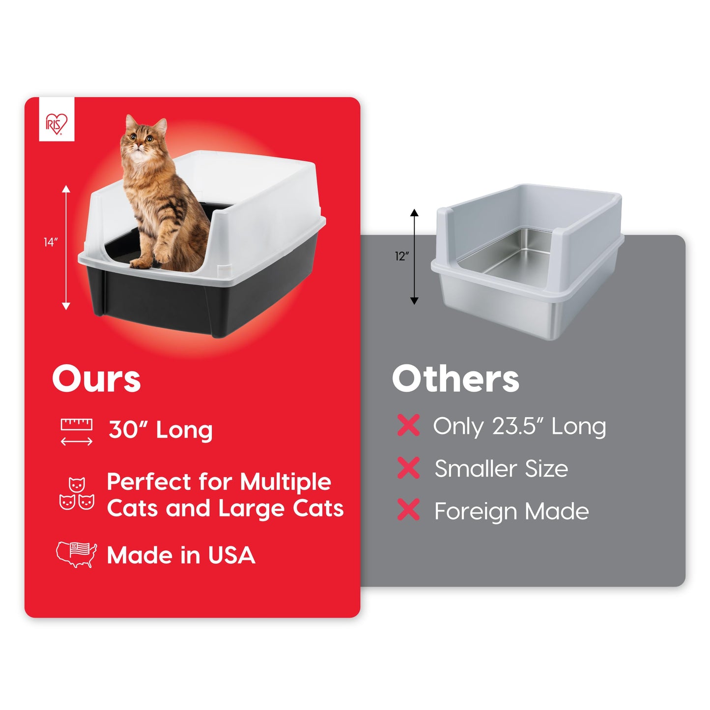 IRIS USA Extra Large Litter Box XXL Open Top High Sided Walls Scatter Shield Scoop Included Easy Clean Plastic Pan for Big Cats Multi-Cat Households 30" L x 20" W x 14" H Black
