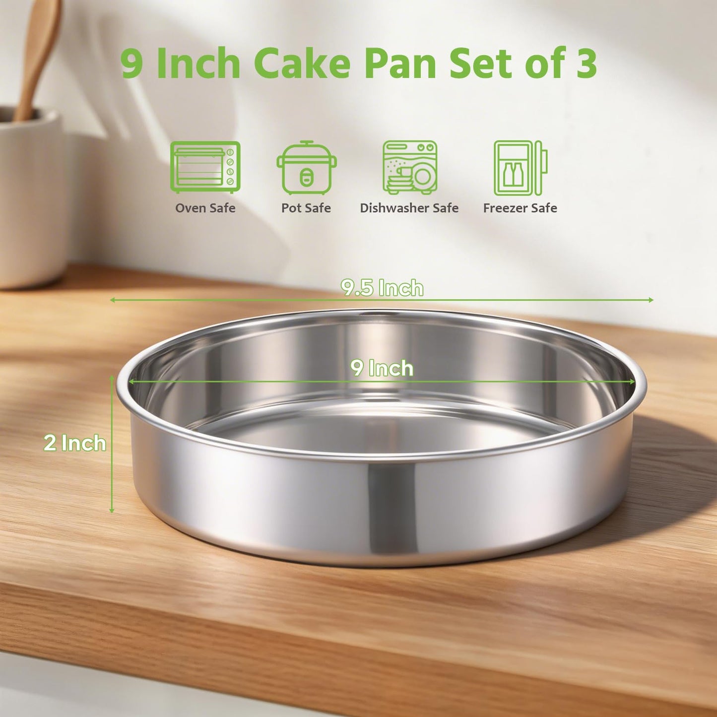 E-far 8 Inch Cake Pan Set of 3, Stainless Steel Round Layer Cake Baking Pans, Non-Toxic & Healthy, Mirror Finish & Dishwasher Safe