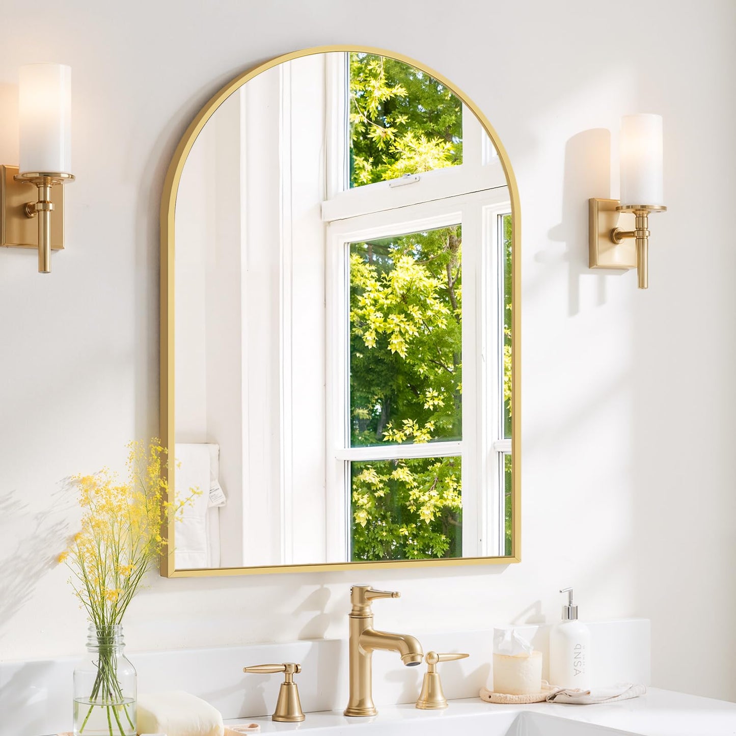 Arched Wall Mirror 36x24 Inch Gold Bathroom Vanity Mirror with Metal Frame, Modern Arch Mirror for Bedroom, Living Room, Entryway, Wall Mounted Decorative Mirror