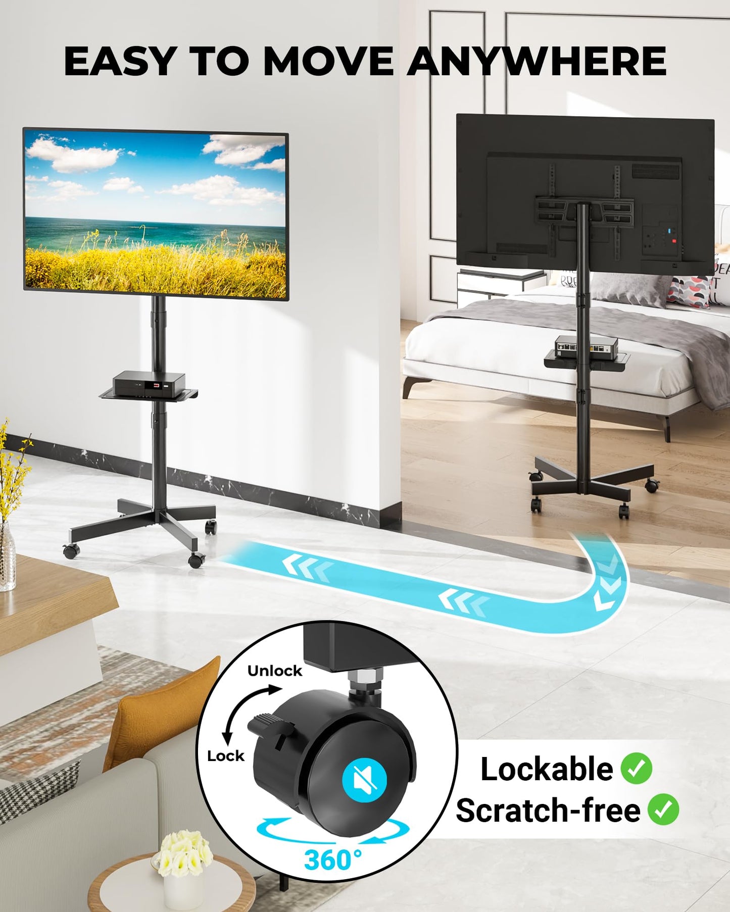 BONTEC Rolling TV Stand with Tilt, Mobile TV Cart for 32–85 Inch LED LCD Flat Curved TVs, Portable Stand with Laptop Shelf, Locking Wheels, Outdoor TV Stand Holds 132 lbs, Max VESA 600x400mm, White