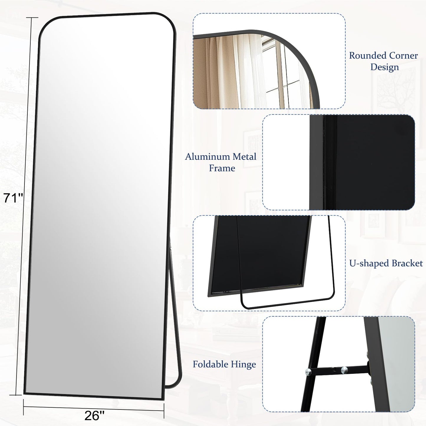 Full Length Mirror 65"x24" Arched Floor Standing Large Mirrors Full Body Mirror with Stand - with Aluminum Frame for Bedroom Living Room, Black