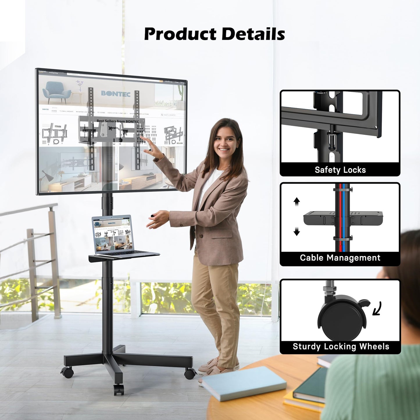 BONTEC Rolling TV Stand with Tilt, Mobile TV Cart for 32–85 Inch LED LCD Flat Curved TVs, Portable Stand with Laptop Shelf, Locking Wheels, Outdoor TV Stand Holds 132 lbs, Max VESA 600x400mm, White