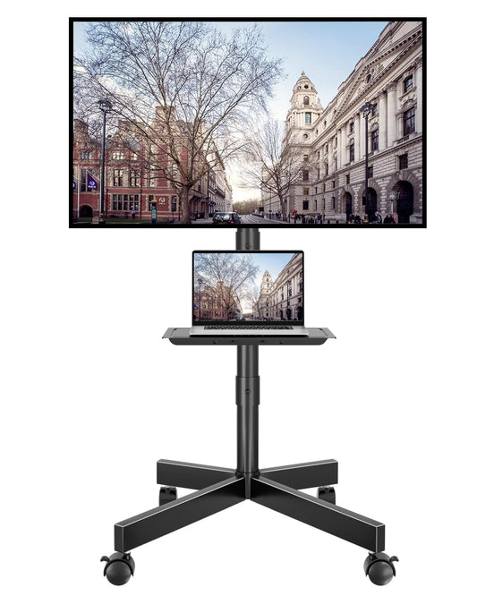 BONTEC Rolling TV Stand with Tilt, Mobile TV Cart for 32–85 Inch LED LCD Flat Curved TVs, Portable Stand with Laptop Shelf, Locking Wheels, Outdoor TV Stand Holds 132 lbs, Max VESA 600x400mm, White