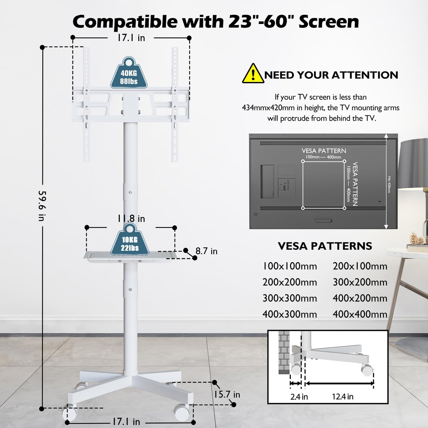 BONTEC Rolling TV Stand with Tilt, Mobile TV Cart for 32–85 Inch LED LCD Flat Curved TVs, Portable Stand with Laptop Shelf, Locking Wheels, Outdoor TV Stand Holds 132 lbs, Max VESA 600x400mm, White