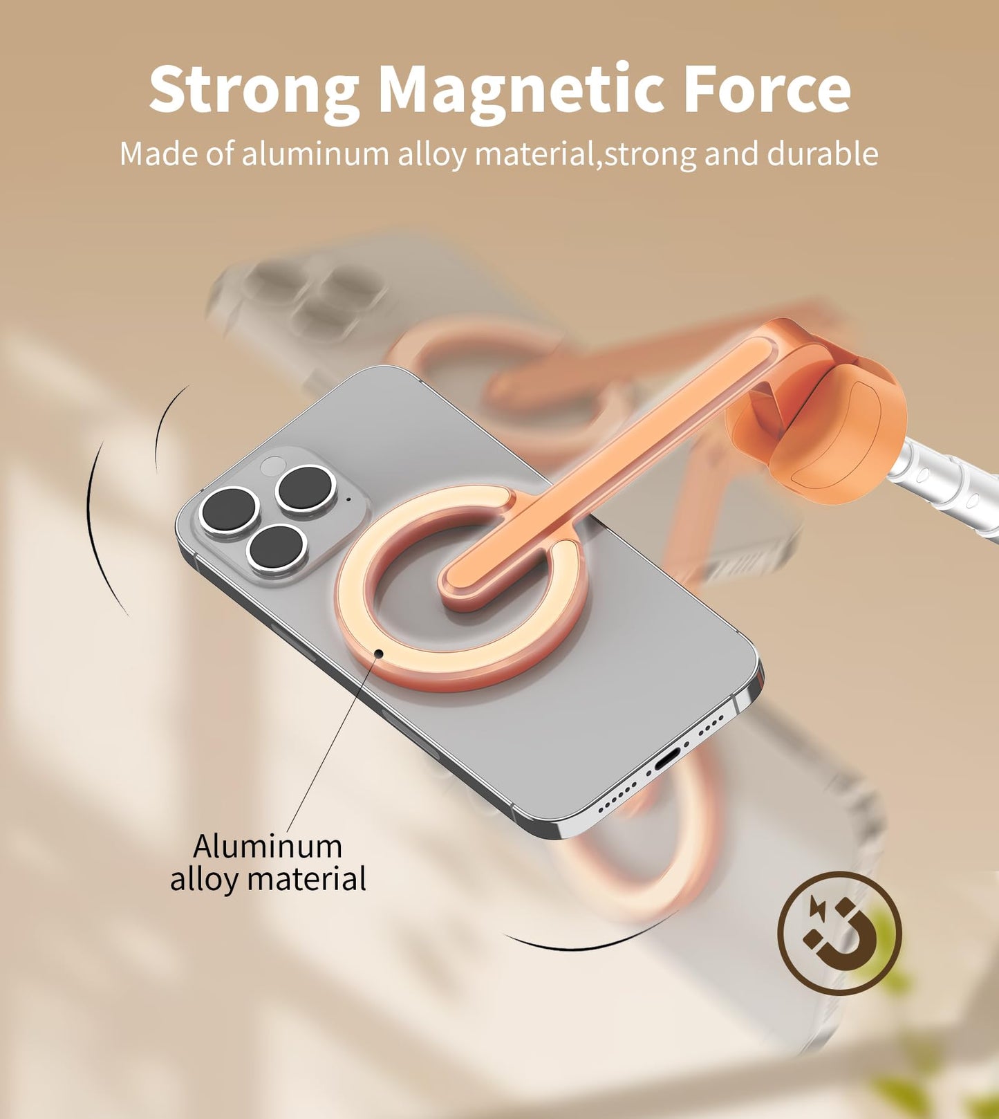 TONEOF 68" Magnetic Selfie Stick Tripod with Aluminum Strong Magnetic Holder for Magsafe, 360° Rotatable Travel Phone Tripod Stand with Metal Ring & Rechargeable Remote for iPhone/Android(Beige Gray)