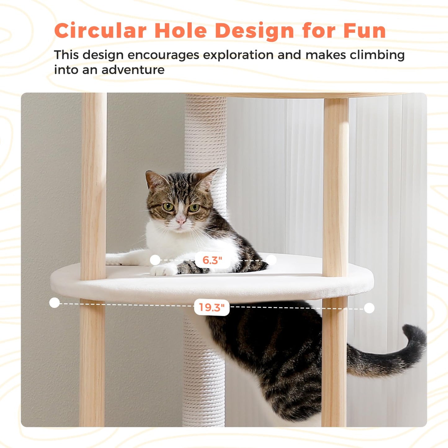 53" Modern Cat Tree for Large Cats, Wooden Cat Tower with Fully Sisal Covered Scratching Posts and Solid Wood Posts, Cat Furniture with Spacious Perch and Cozy Condo Beige