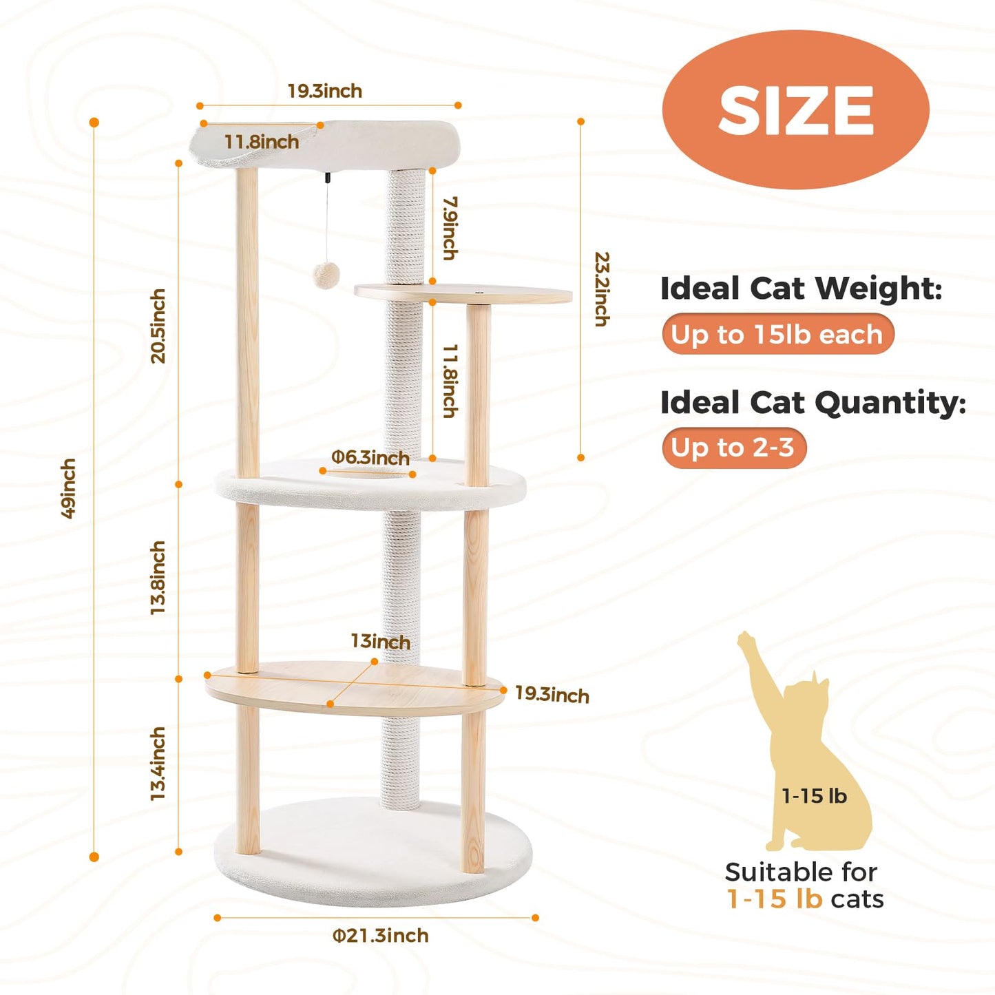53" Modern Cat Tree for Large Cats, Wooden Cat Tower with Fully Sisal Covered Scratching Posts and Solid Wood Posts, Cat Furniture with Spacious Perch and Cozy Condo Beige