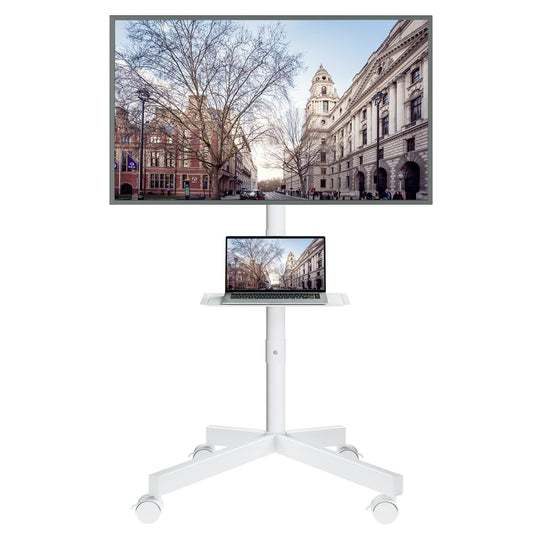 BONTEC Rolling TV Stand with Tilt, Mobile TV Cart for 32–85 Inch LED LCD Flat Curved TVs, Portable Stand with Laptop Shelf, Locking Wheels, Outdoor TV Stand Holds 132 lbs, Max VESA 600x400mm, White