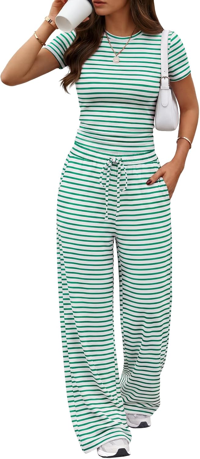 Trendy Queen 2 Piece Matching Summer Lounge Set Womens Side Ruching Top Wide Leg Pants Sets with Pockets